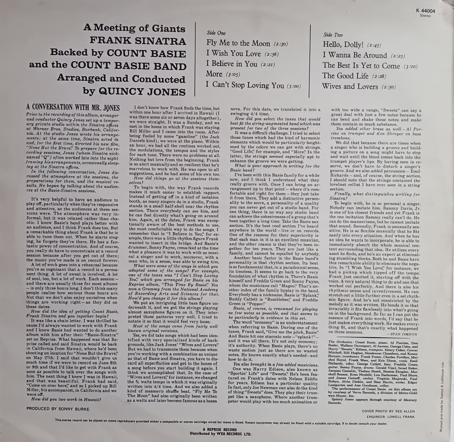 Back cover of a vinyl record with text listing songs and credits