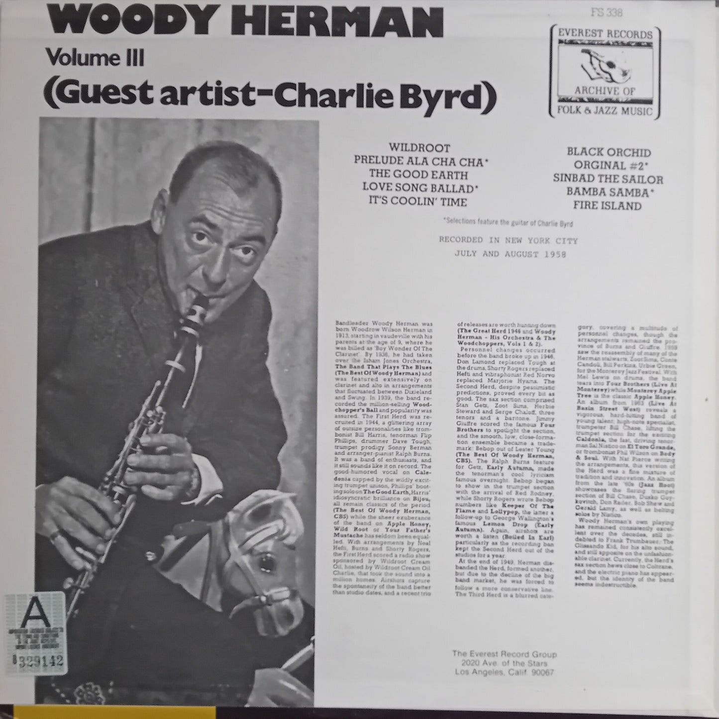 Album cover featuring Woody Herman with a saxophone, text about guest artist Charlie Byrd, and Everly Records logo.