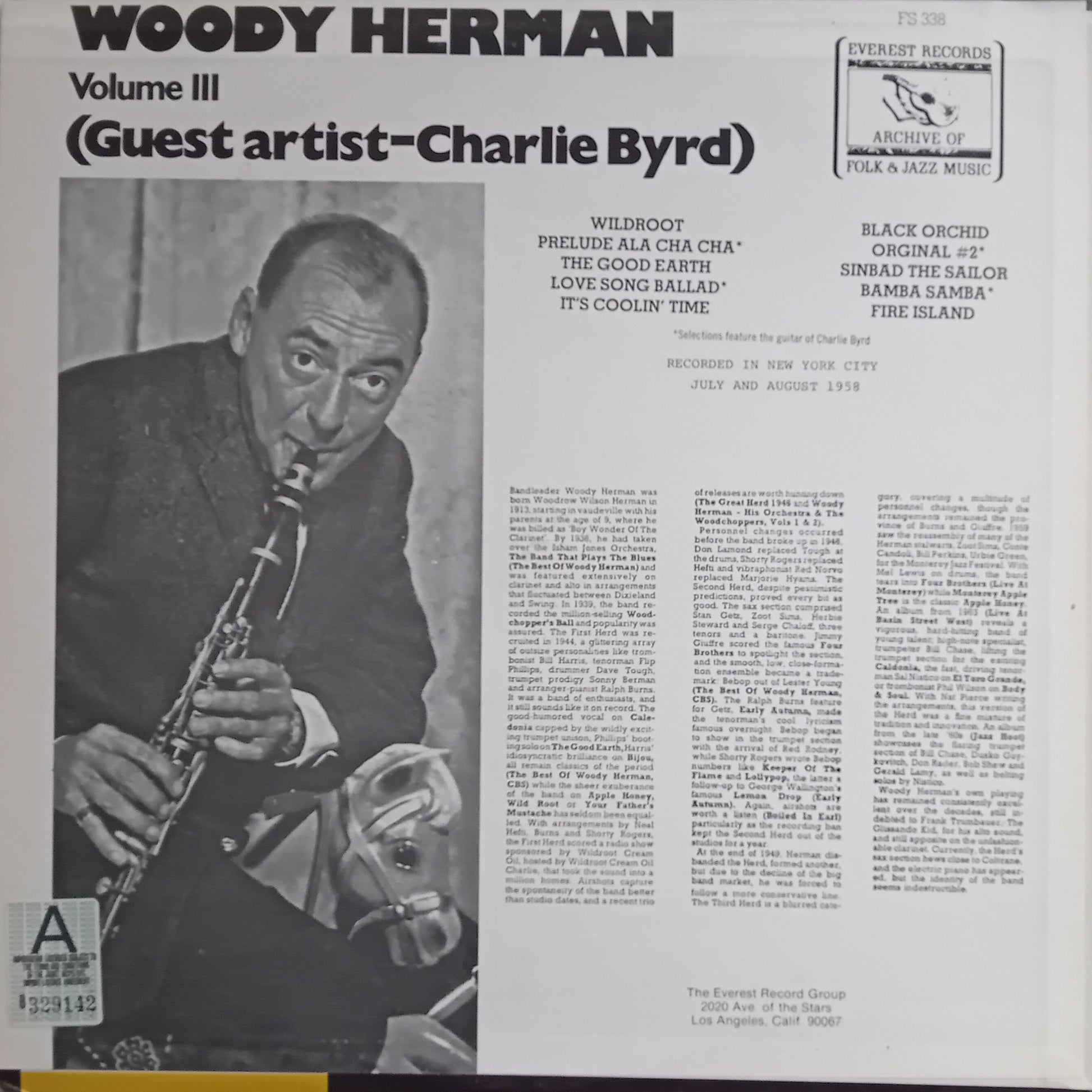 Album cover featuring Woody Herman with a saxophone, text about guest artist Charlie Byrd, and Everly Records logo.