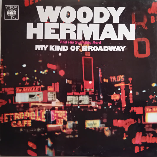 Album cover for 'My Kind of Broadway' by Woody Herman with cityscape background