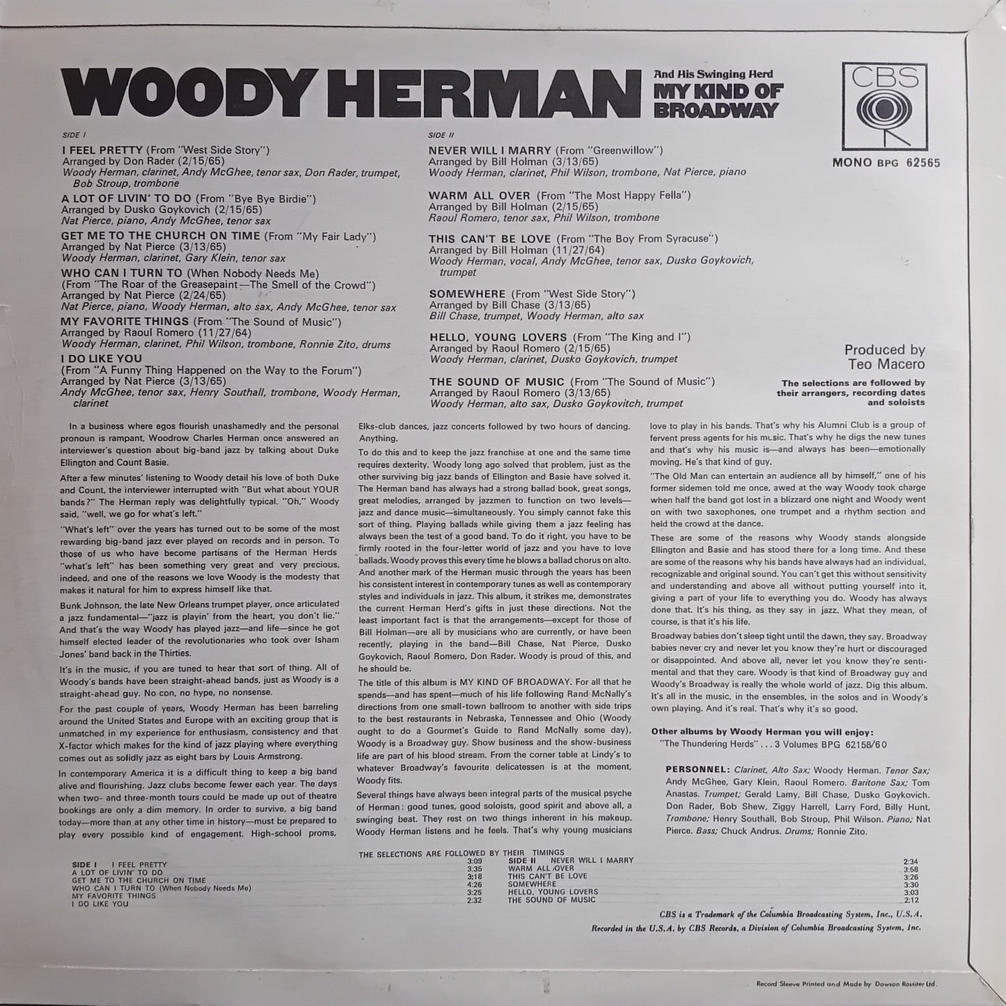 Back cover of a vinyl record featuring text and music credits for Woody Herman's album 'My Kind of Broadway'.