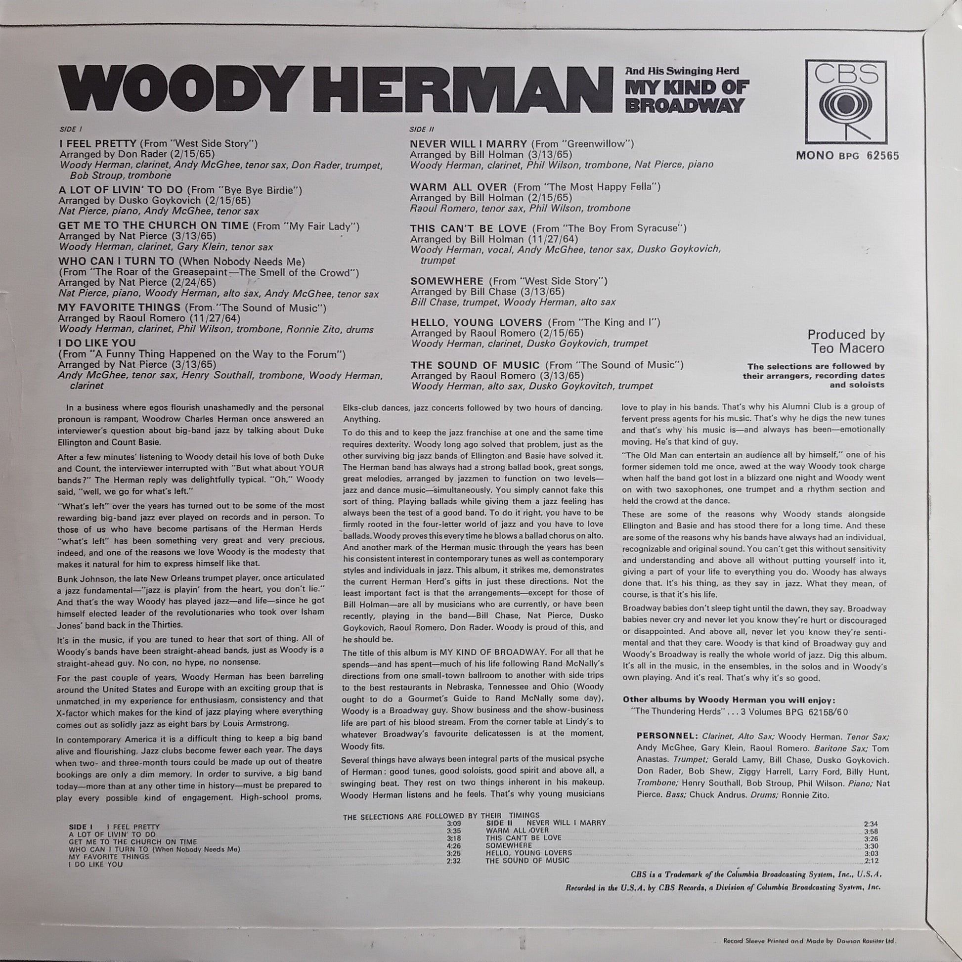 Back cover of a vinyl record featuring text and music credits for Woody Herman's album 'My Kind of Broadway'.