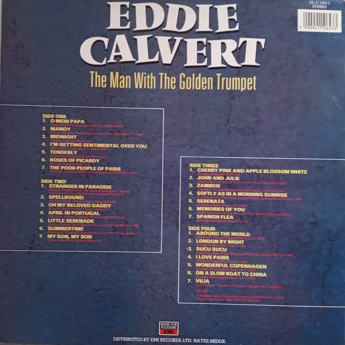 Back cover of an album featuring Eddie Calvert with tracklist on a blue background