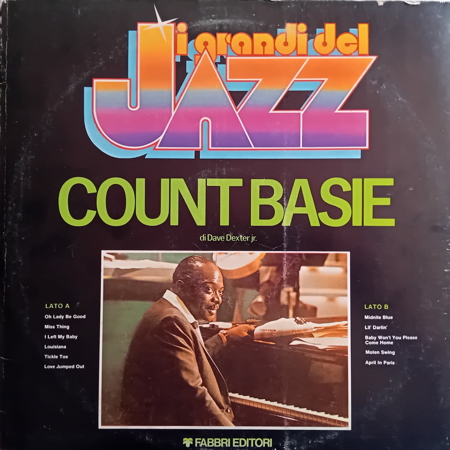 Album cover of Count Basie's 'Grandi Del Jazz' featuring a portrait of Count Basie at the piano.