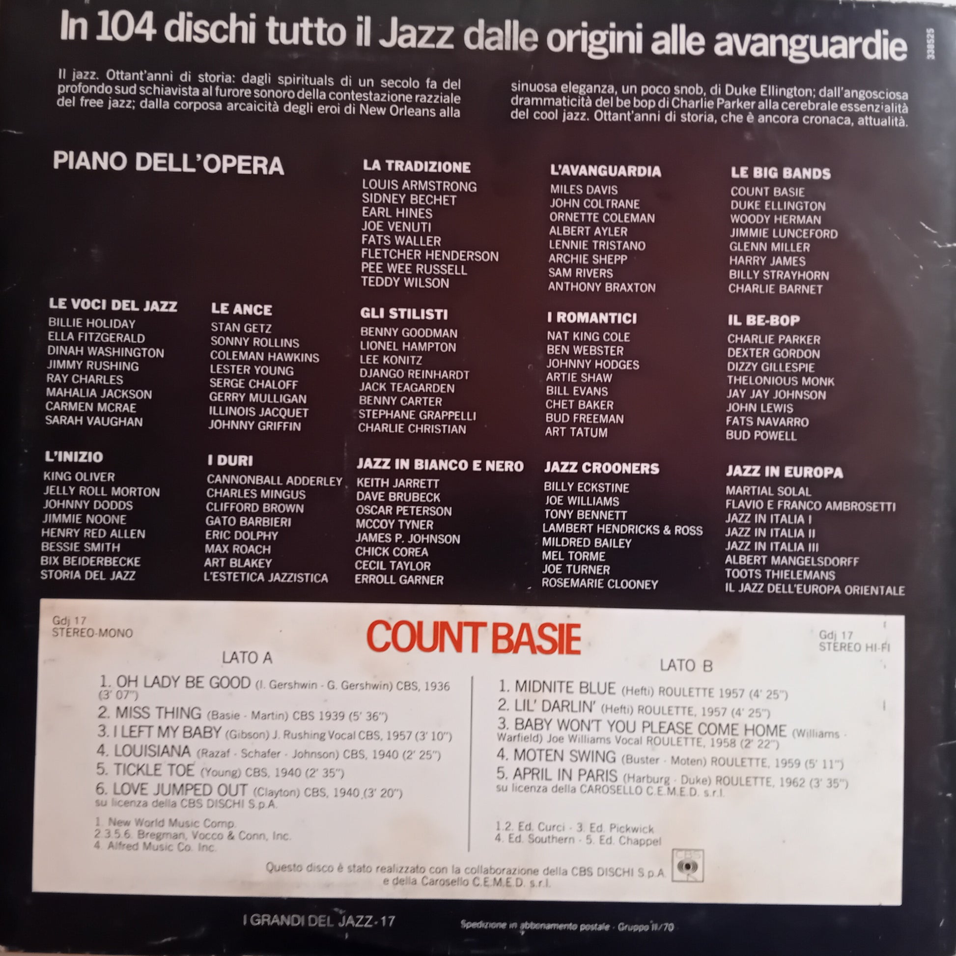 Back cover of a vinyl record with jazz music tracklist and album details.