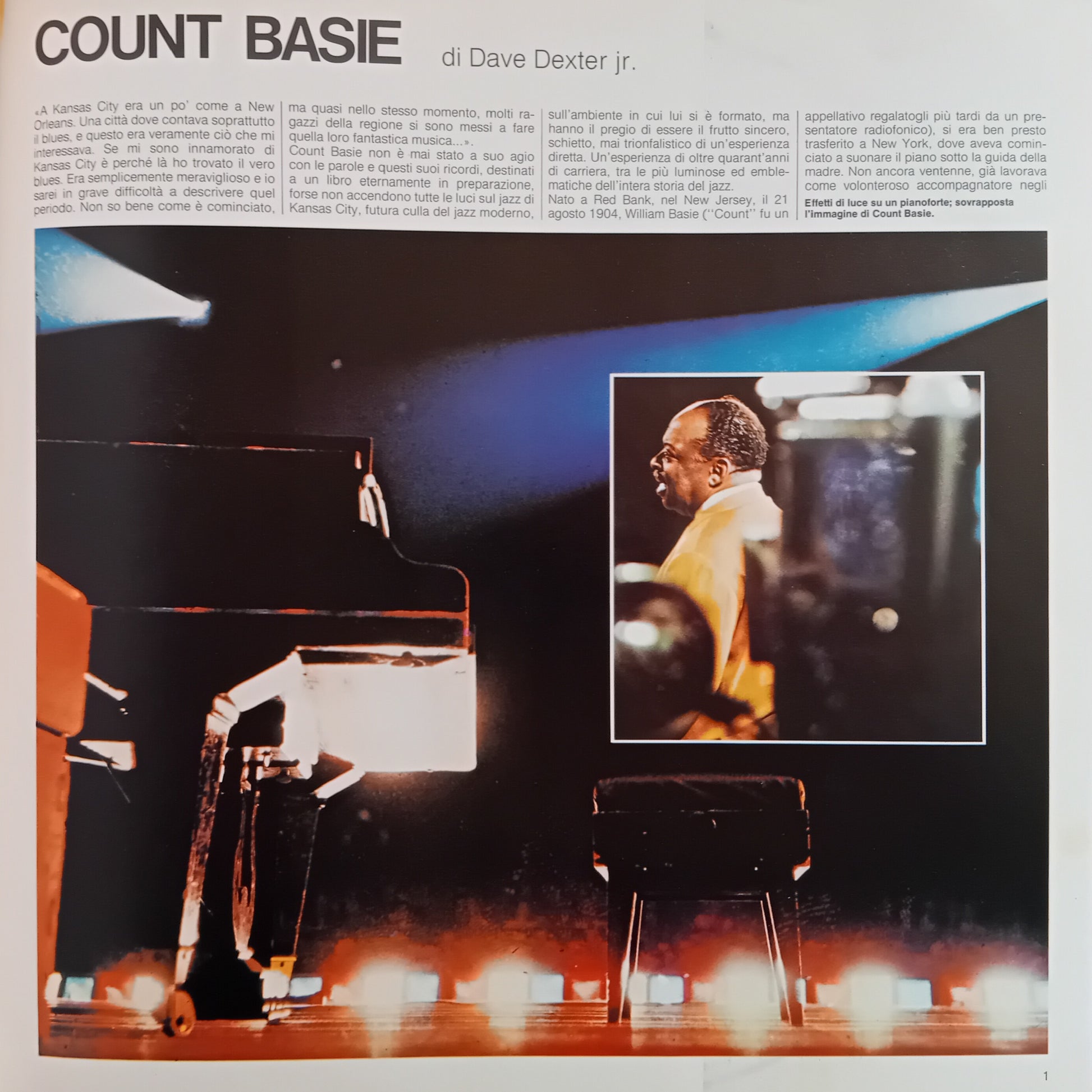 Album insert for 'Count Basie'  featuring a piano and a small photo of Basie
