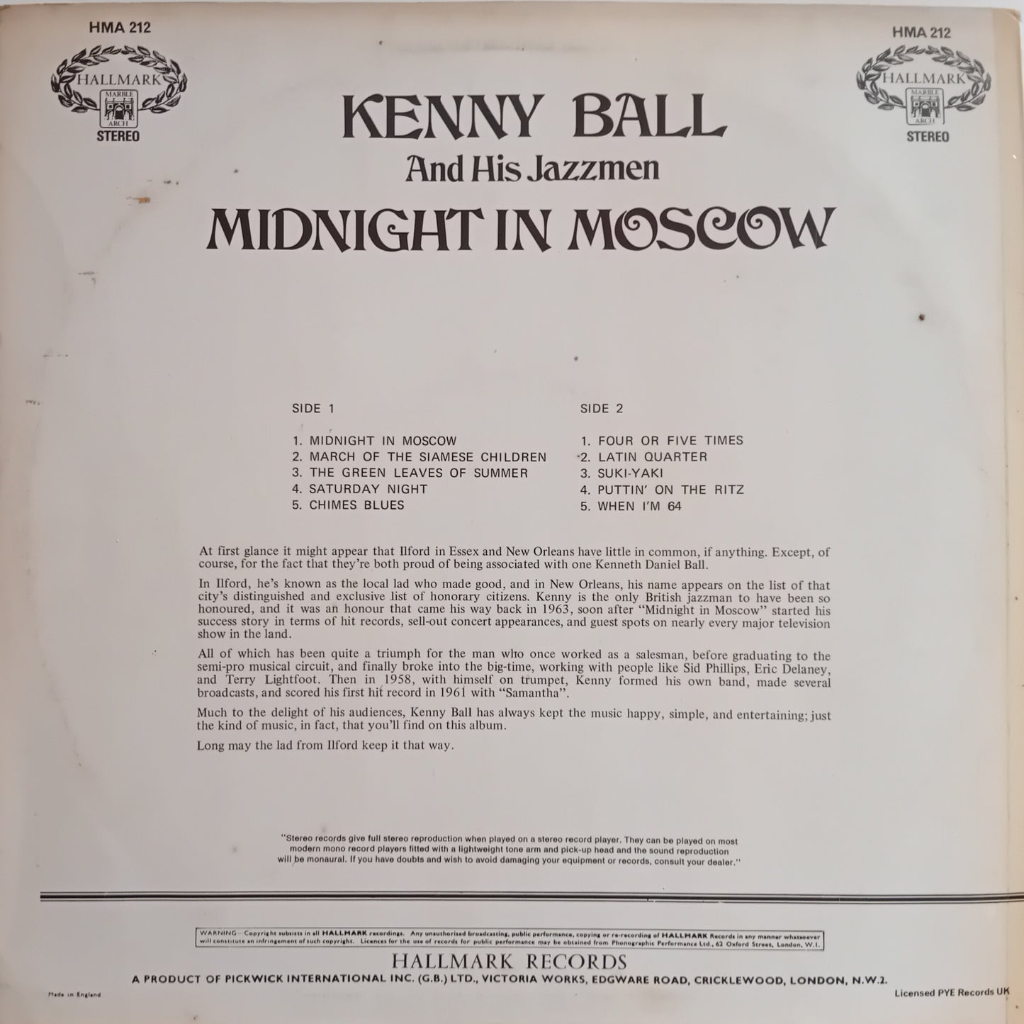 Back cover of a vinyl record featuring Kenny Ball and his Jazzmen with track listing and Hallmark Records branding.