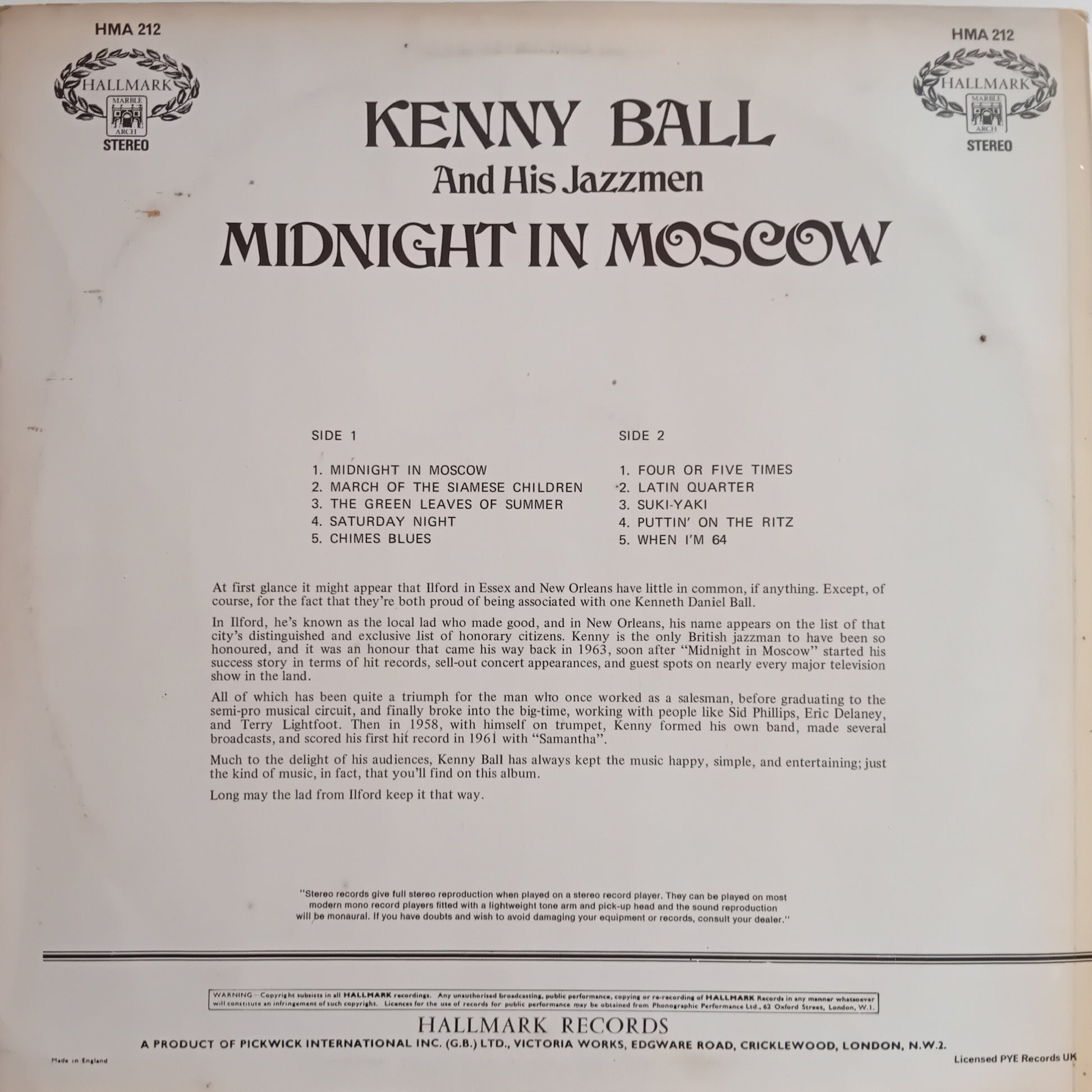 Back cover of a vinyl record featuring Kenny Ball and his Jazzmen with track listing and Hallmark Records branding.