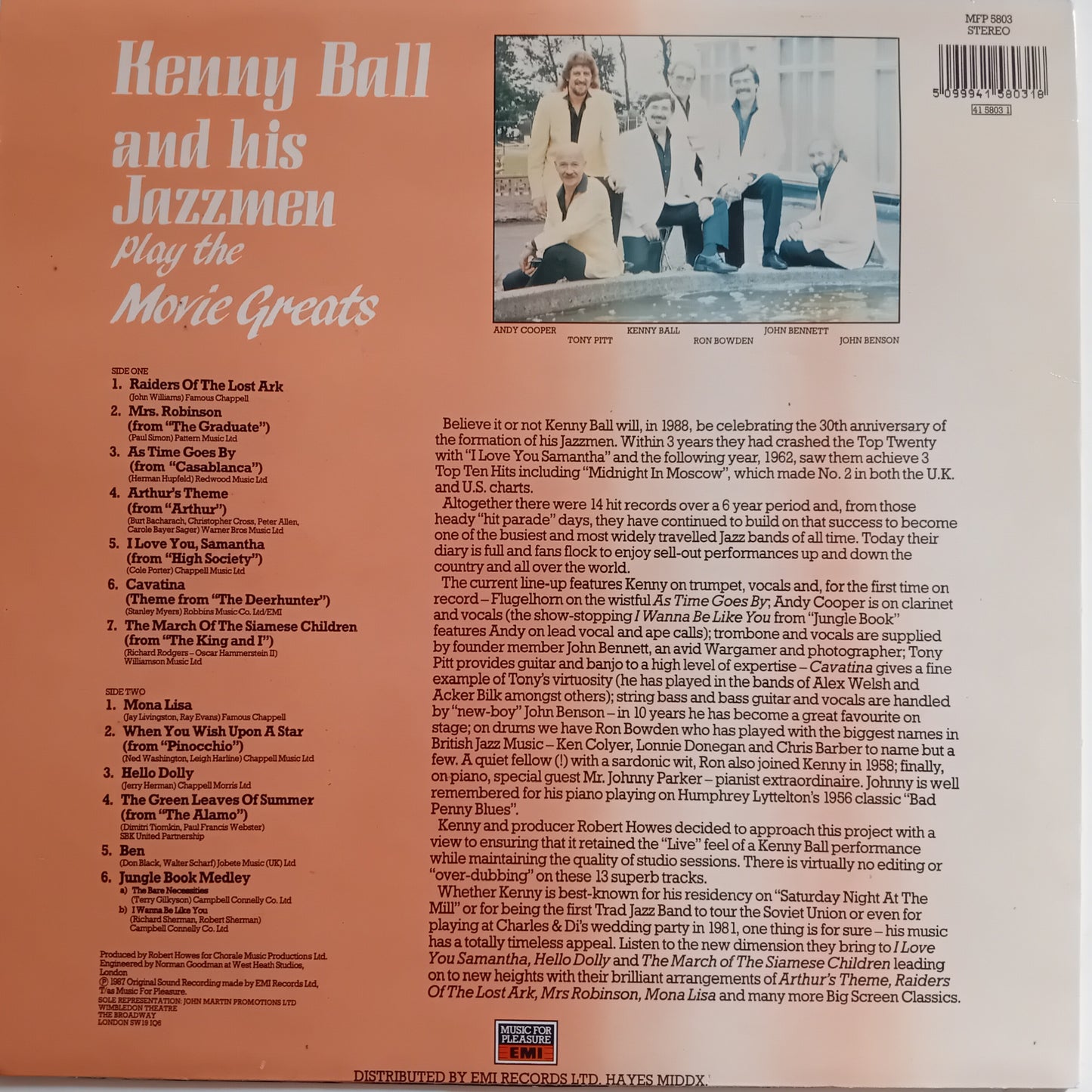 Back cover of a vinyl record featuring text and a small image of Kenny Ball and his Jazzmen.