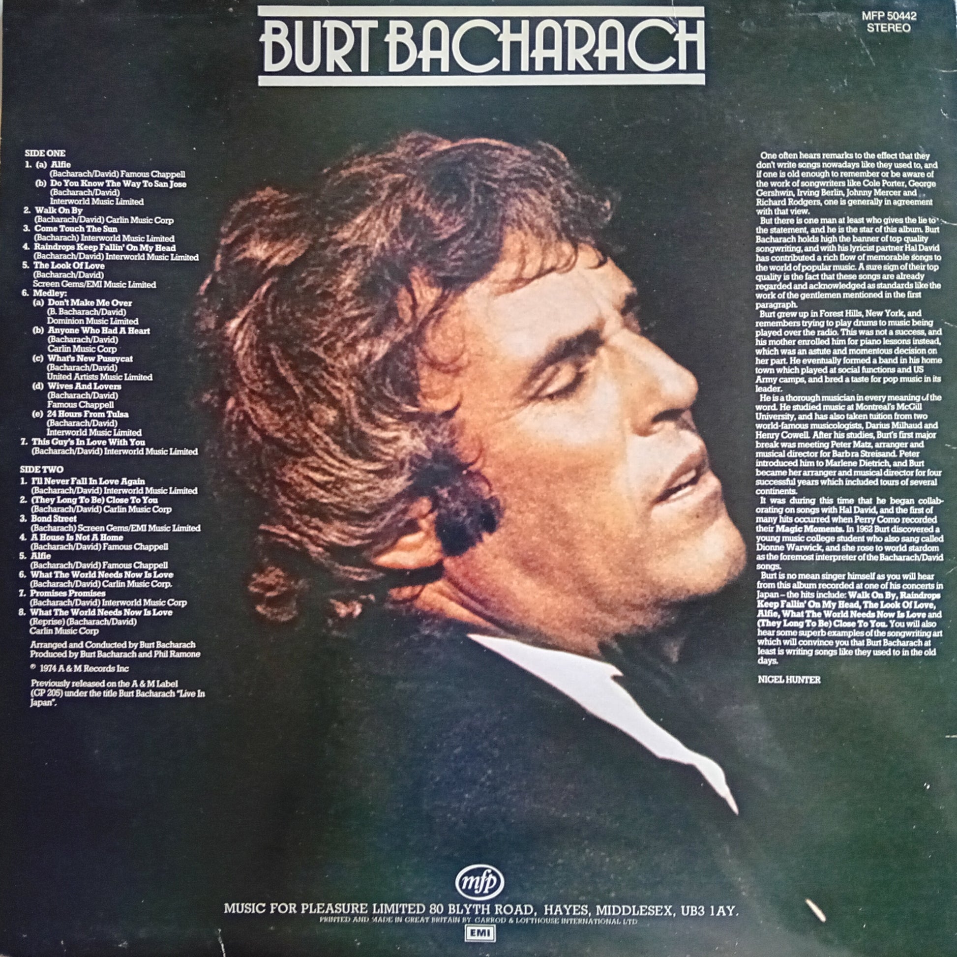 Album cover with a portrait of Burt Bacharach and text on a dark background