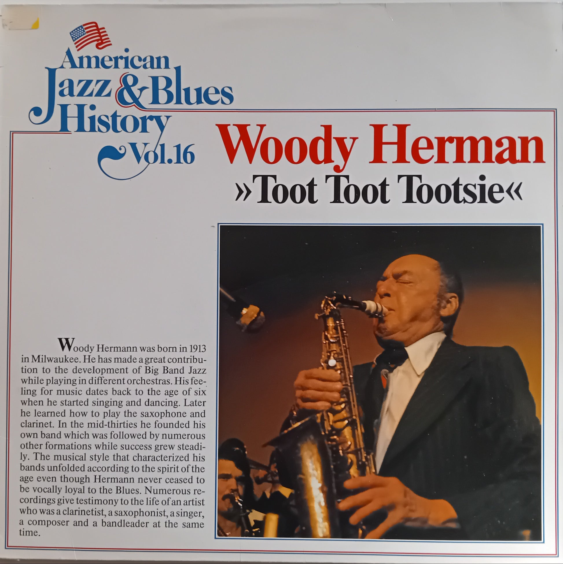 Album cover of 'American Jazz & Blues History Vol. 16' featuring Woody Herman and his saxophone.