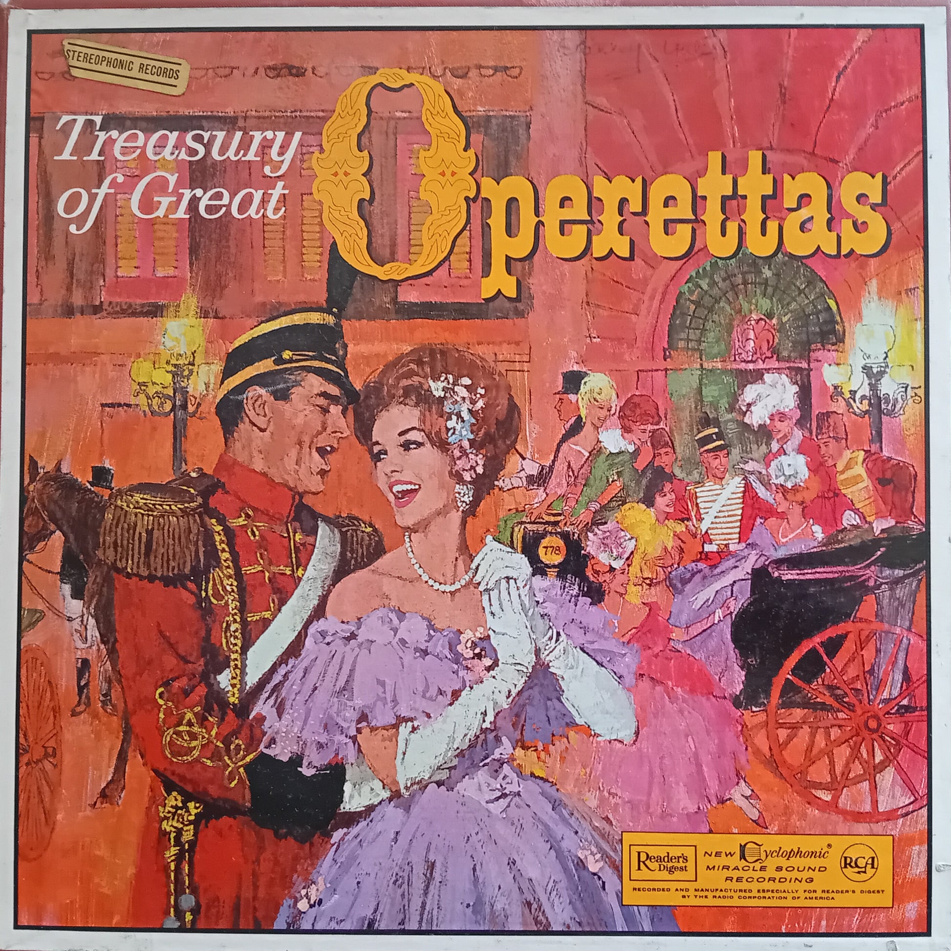 Vintage album cover for 'Treasury of Great Operettas' with a couple in formal attire and an operetta scene.