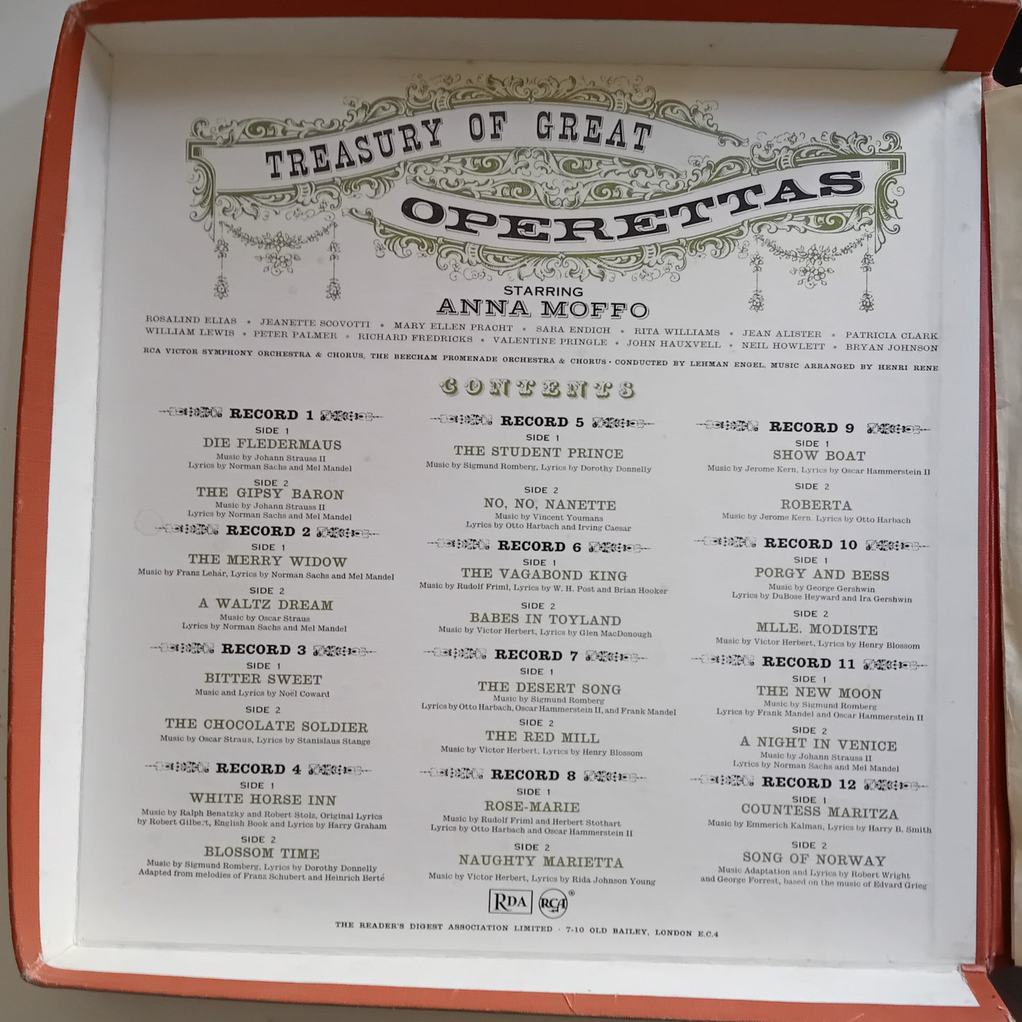 Treasury of Great Operettas album cover with text and list of operetta titles.