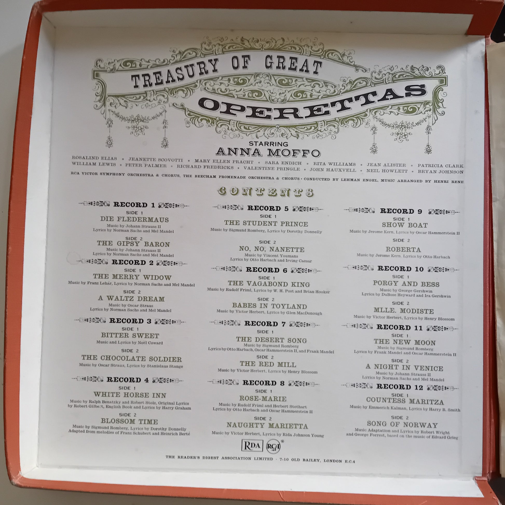 Treasury of Great Operettas album cover with text and list of operetta titles.