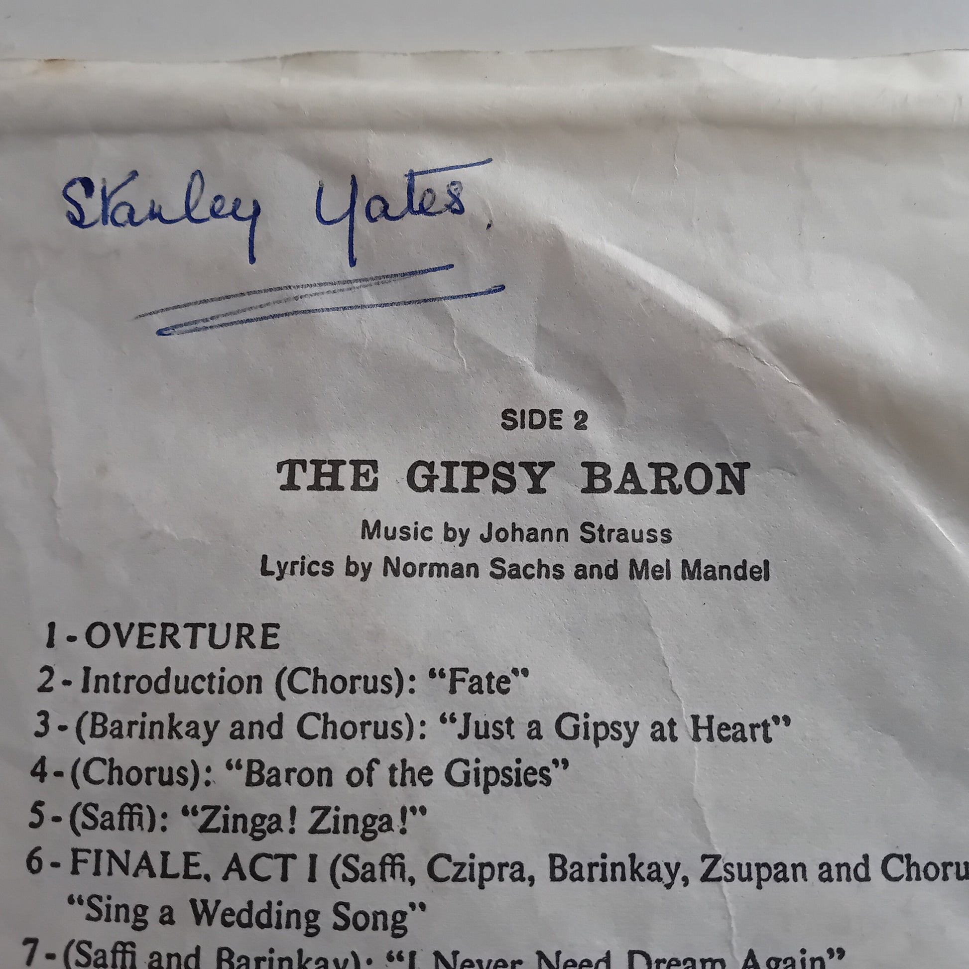 Music album liner with 'The Gipsy Baron' by Johann Strauss, featuring a signature and tracklist.