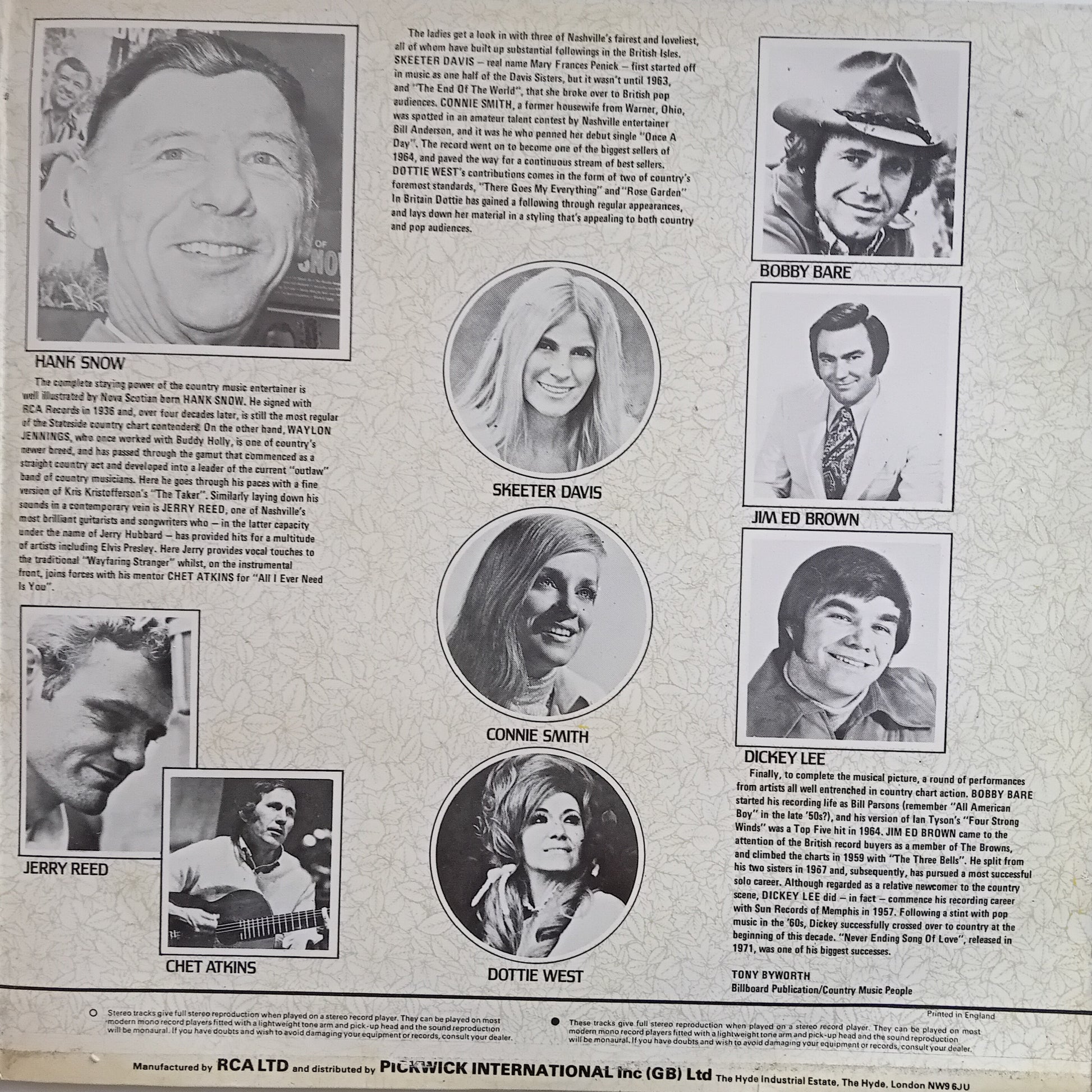 Vintage album featuring black and white photos of country music artists with biographical text.