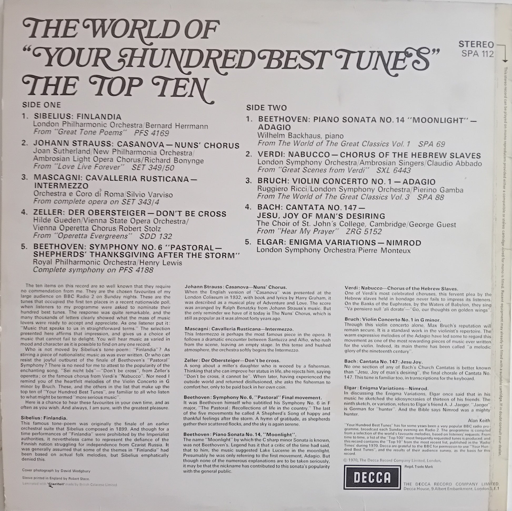 Back cover of a vinyl record with music list and Decca logo