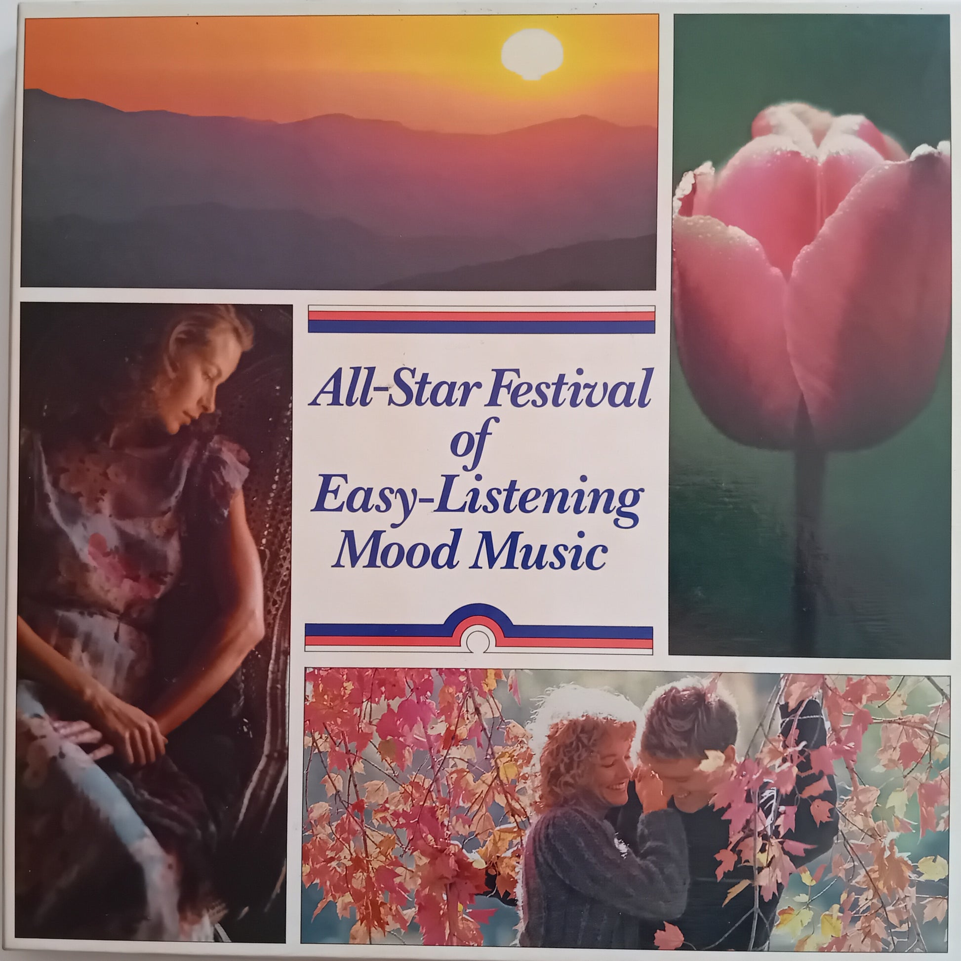 Album cover with sunset, woman playing guitar, pink tulip, and couple in a field of flowers.