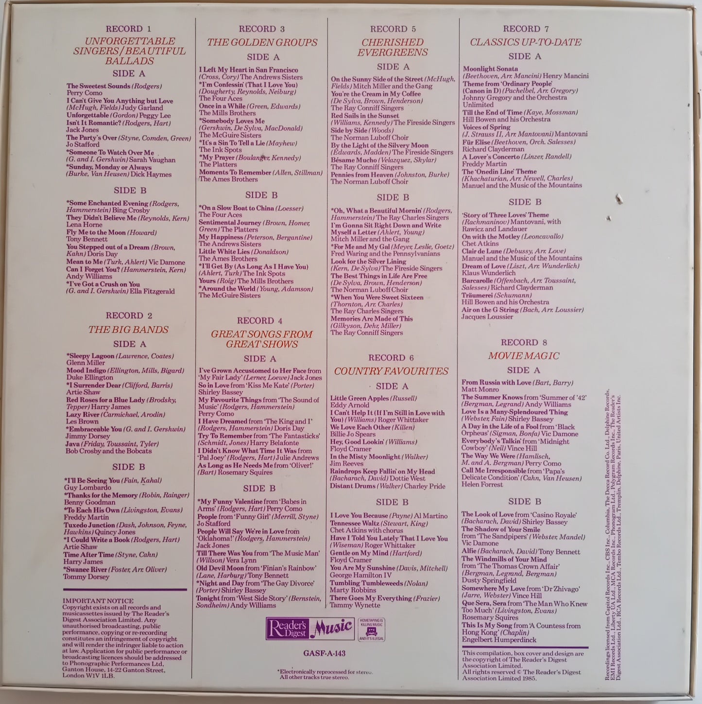 Back cover of a vinyl record with track listings and album details.