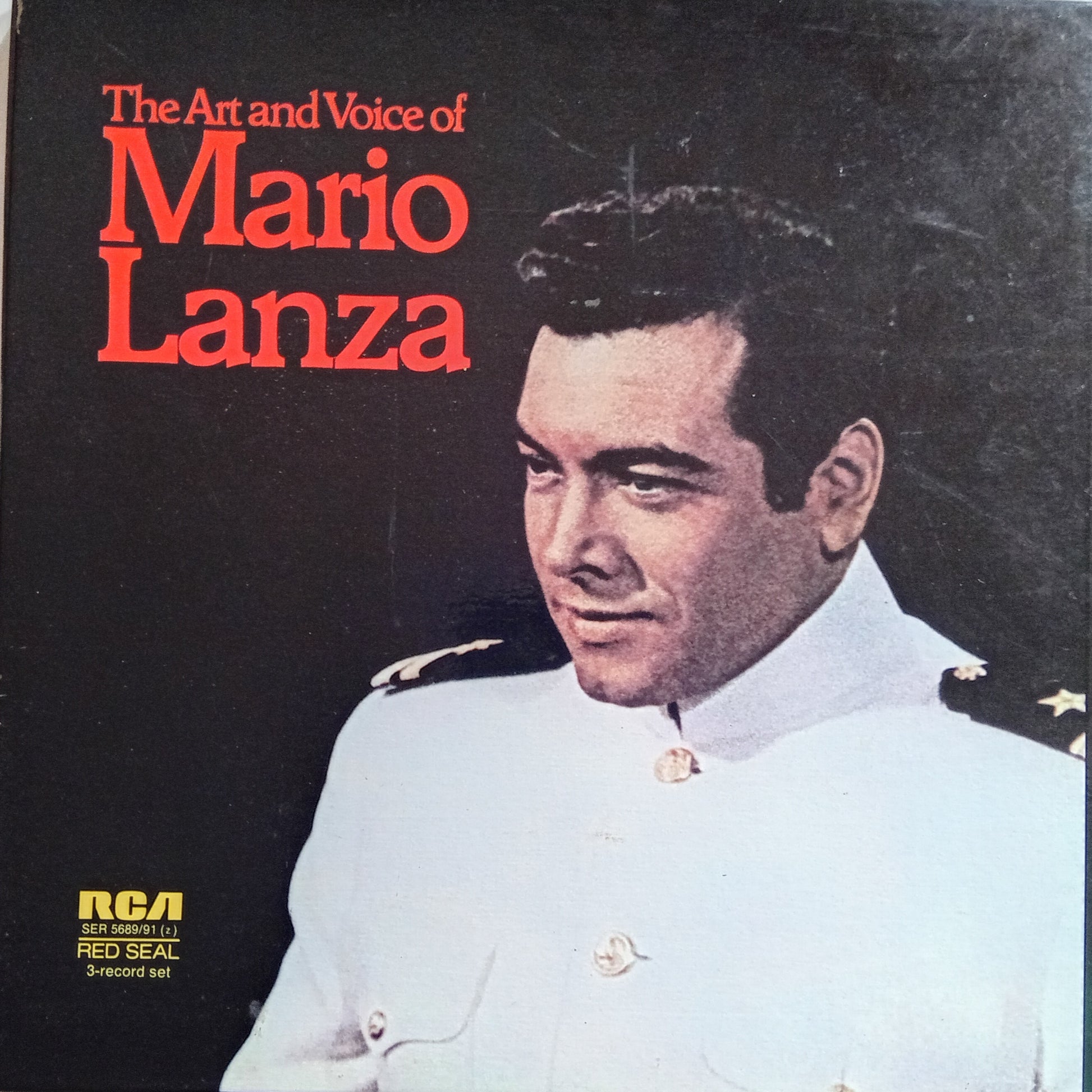 Album cover featuring a portrait of a man in uniform with text about Mario Lanza's art and voice.