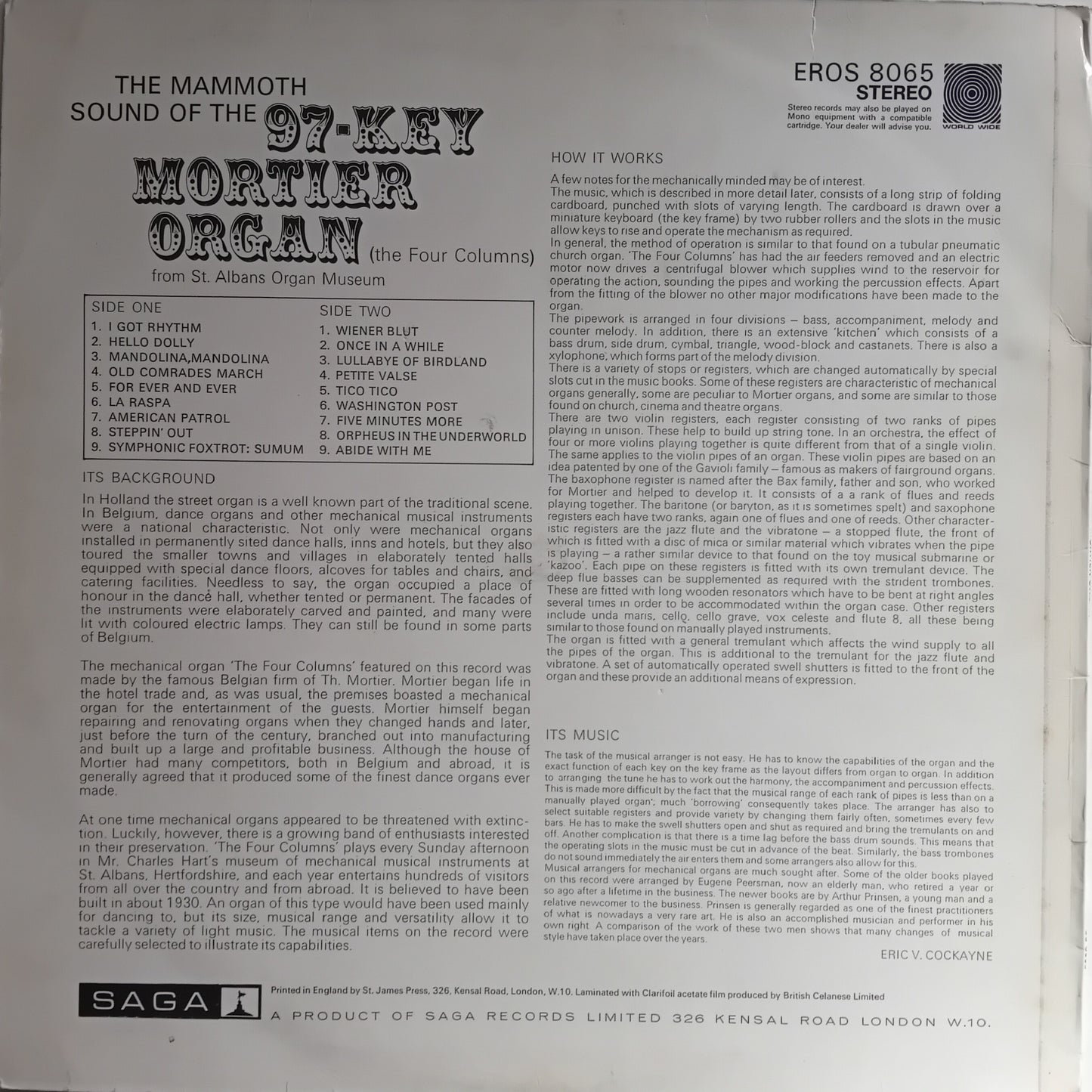 Back cover of a vinyl record featuring text about a 97-key Mortier Organ with Eros 8065 label.