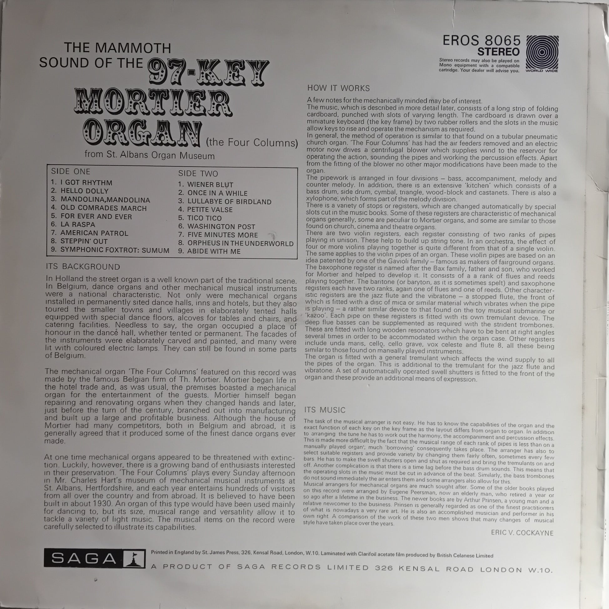Back cover of a vinyl record featuring text about a 97-key Mortier Organ with Eros 8065 label.