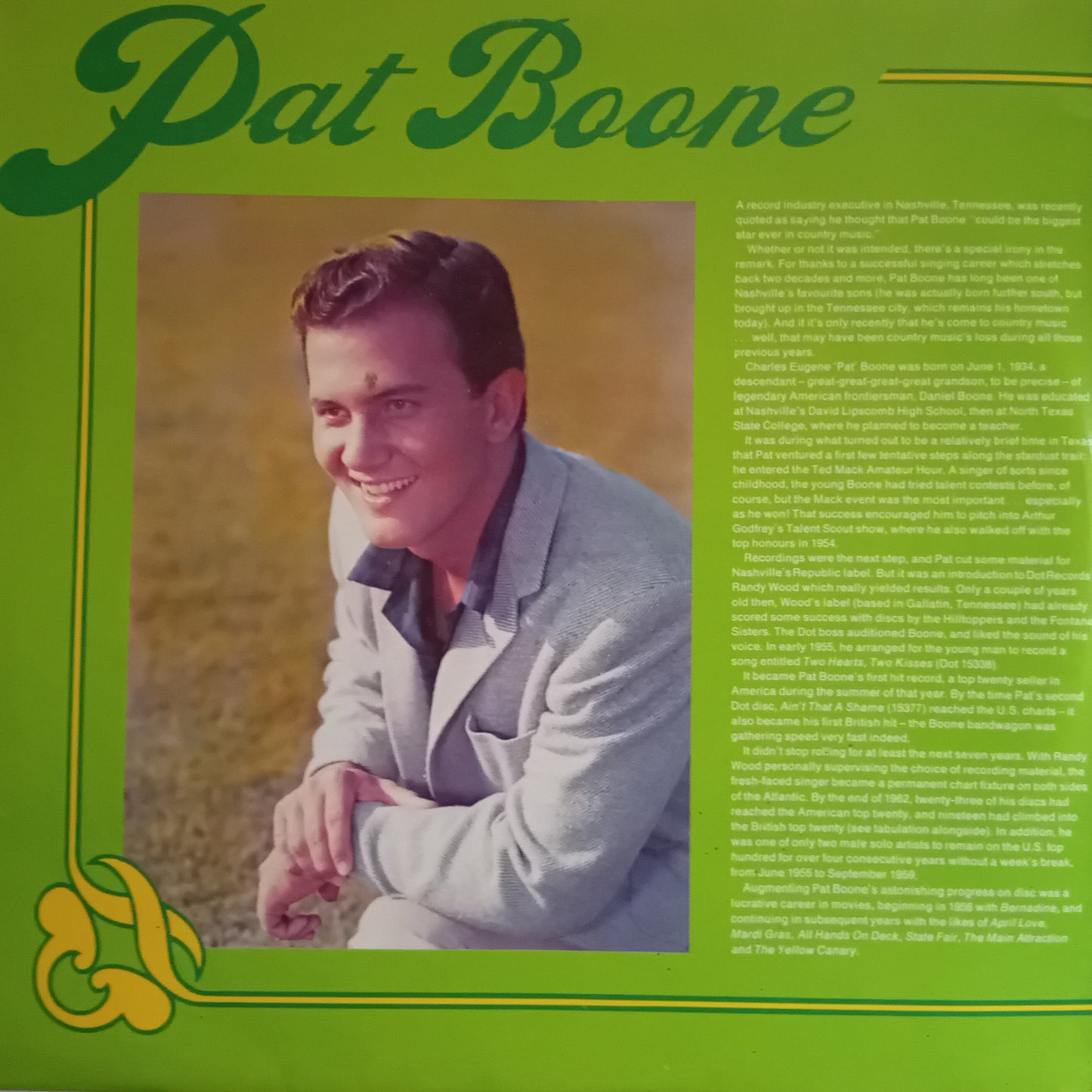 Album cover with a portrait of a man on a green background