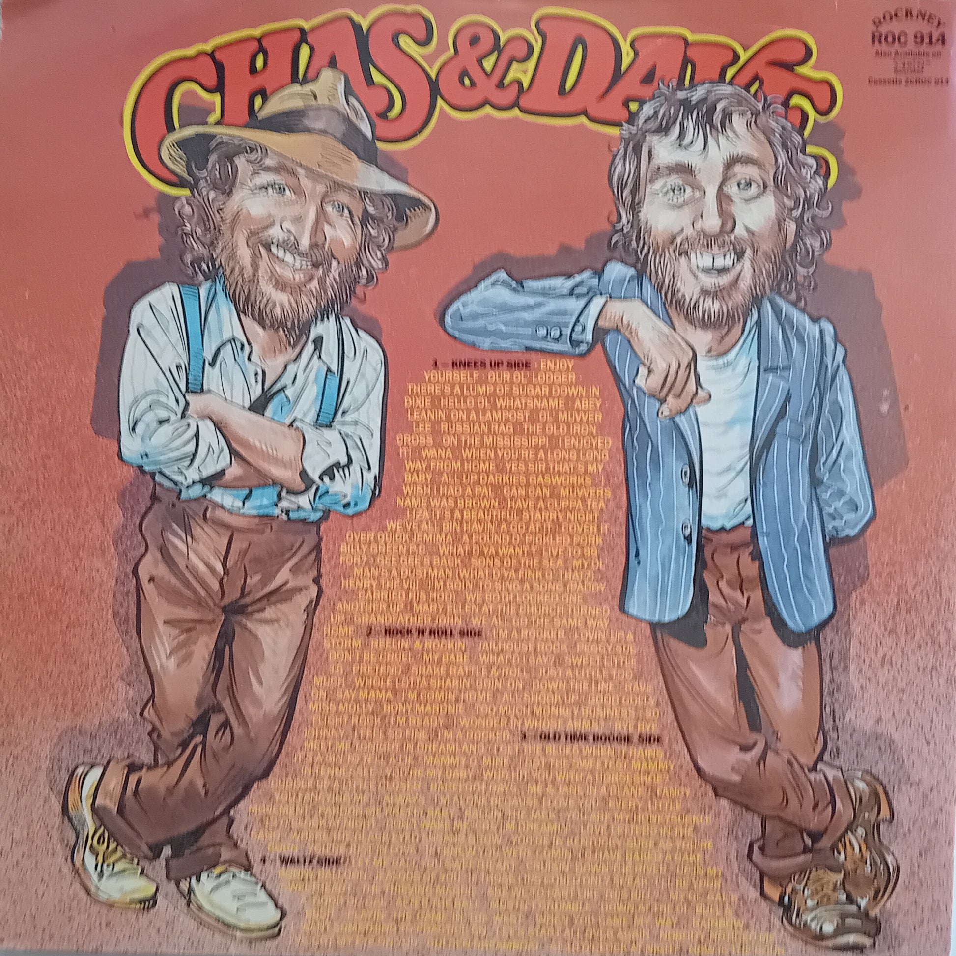 Vinyl record cover with cartoon illustrations of two characters on a red background