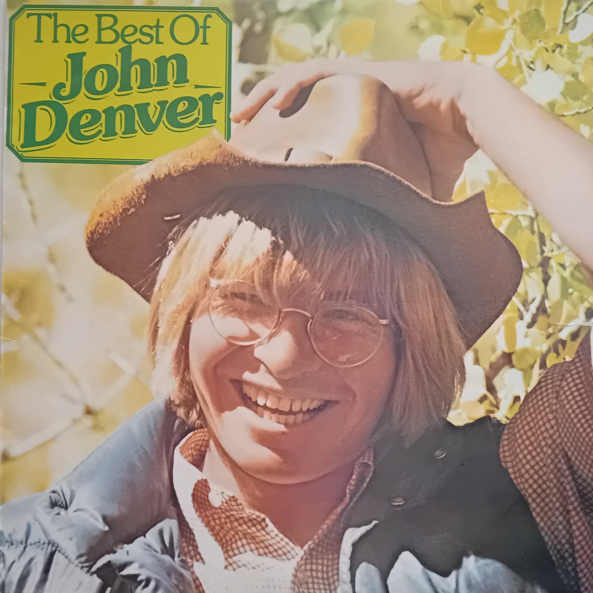 Album cover for 'The Best Of John Denver' with a person wearing a hat and glasses against a nature background.