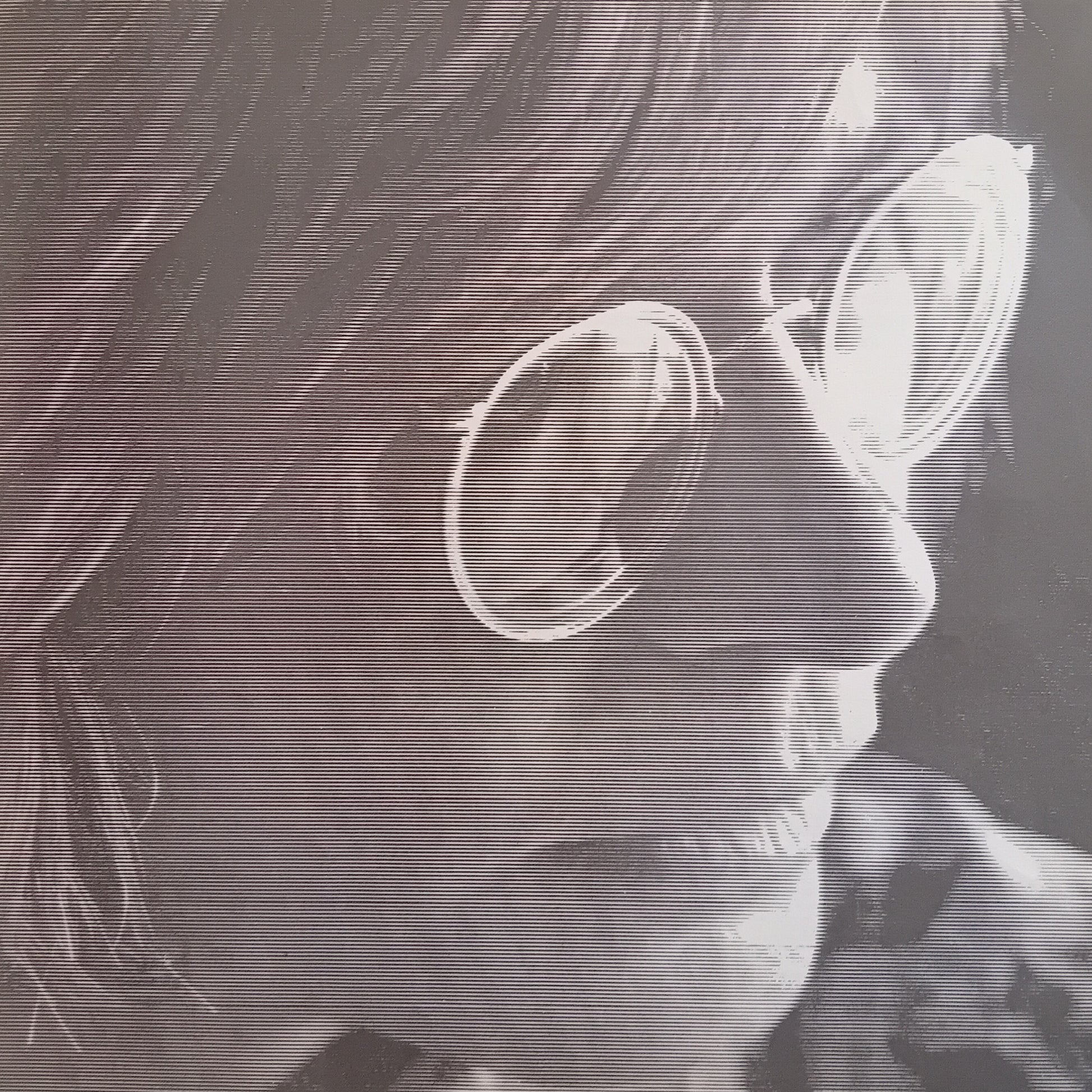Black and white close-up of a person wearing glasses with a blurred background
