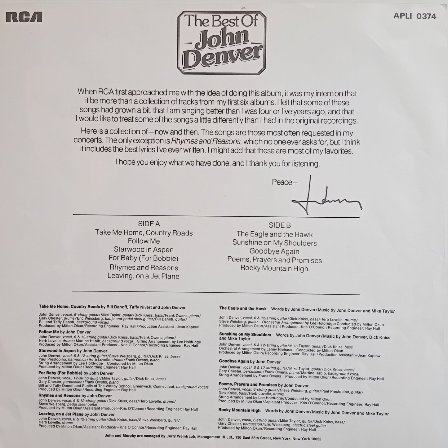 Back cover of 'The Best of John Denver' album with tracklist and RCA logo.