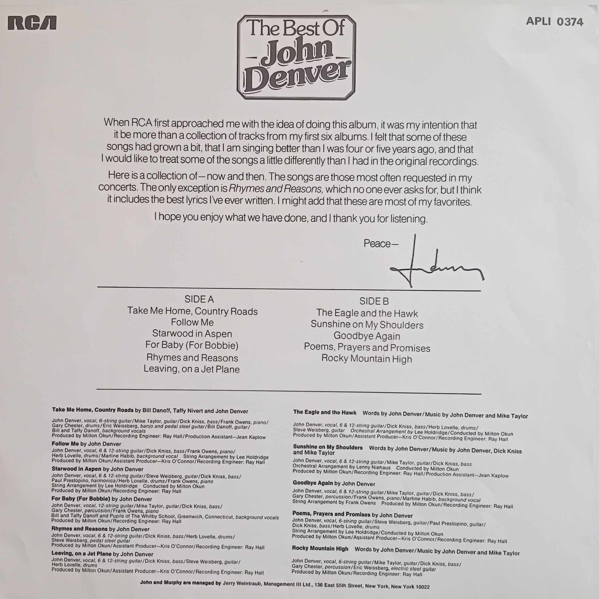 Back cover of 'The Best of John Denver' album with tracklist and RCA logo.