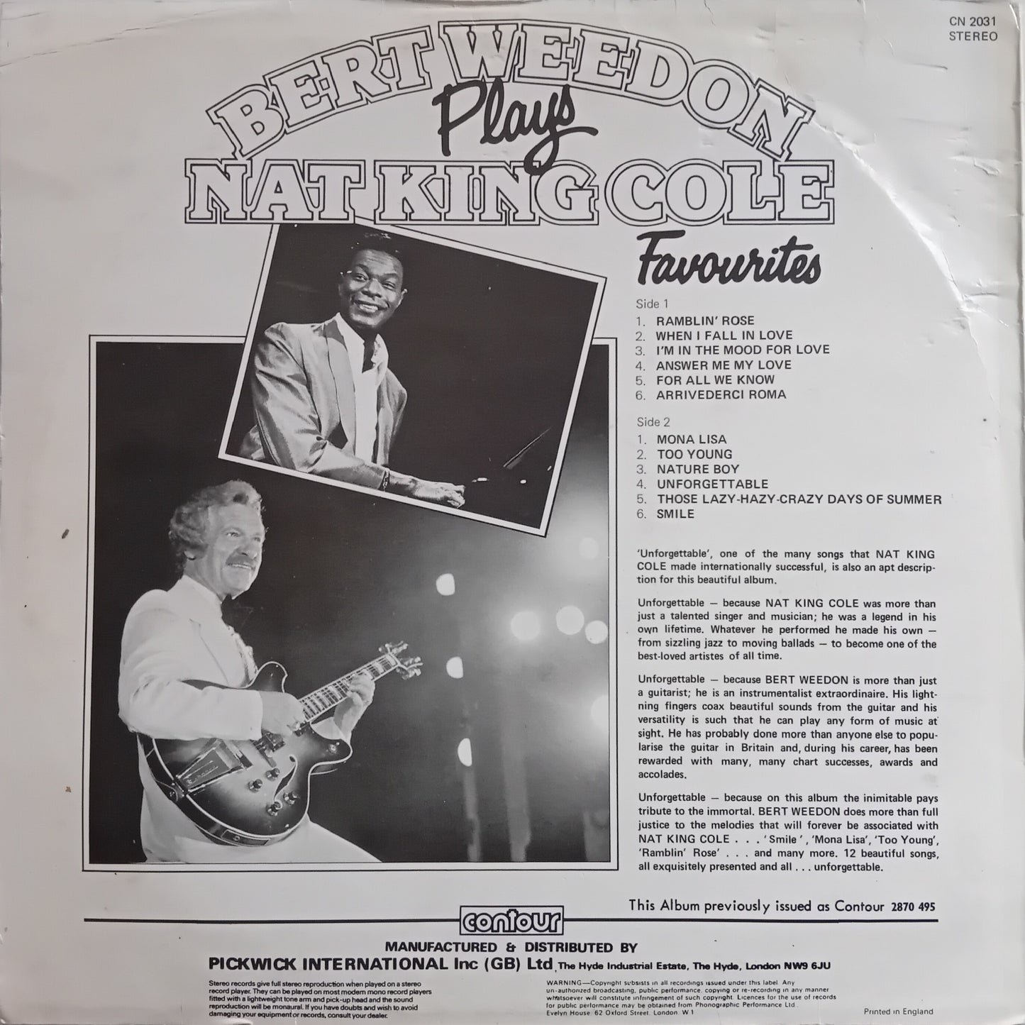Vinyl record cover featuring Bert Weedon and Nat King Cole with text and album details.