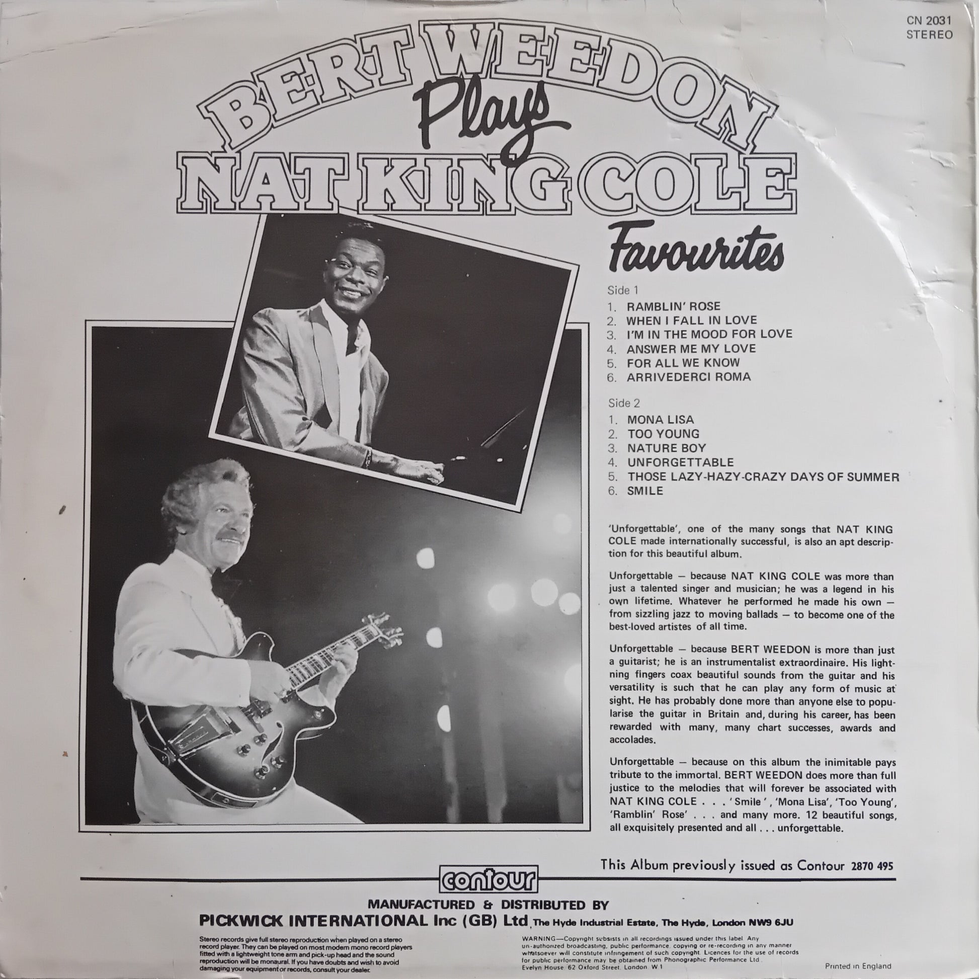 Vinyl record cover featuring Bert Weedon and Nat King Cole with text and album details.
