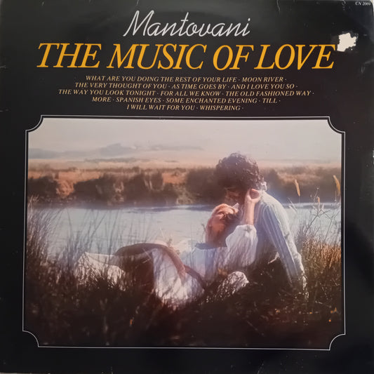 Album cover of 'The Music of Love' by Mantovani with a couple in a field.