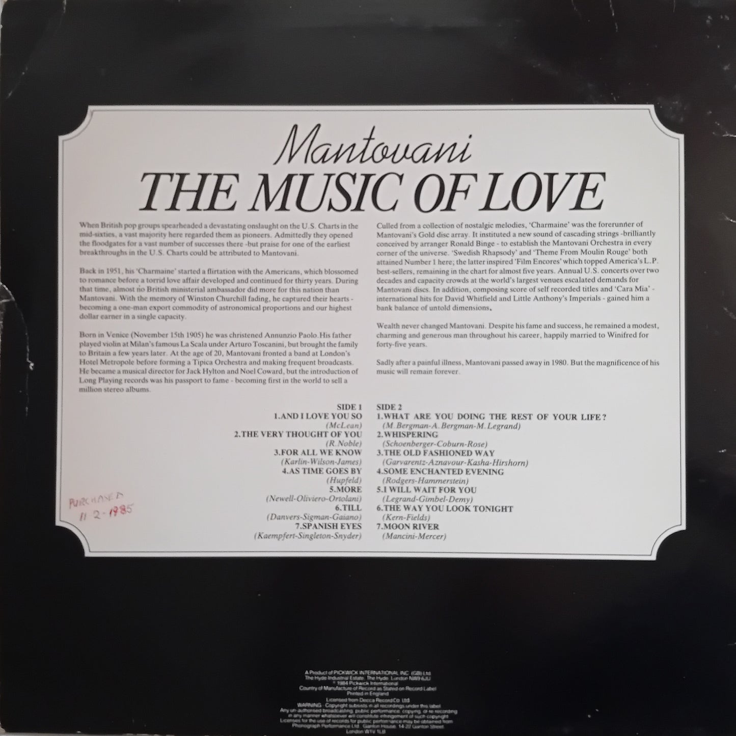 Back cover of a vinyl record with text and album details on a black background