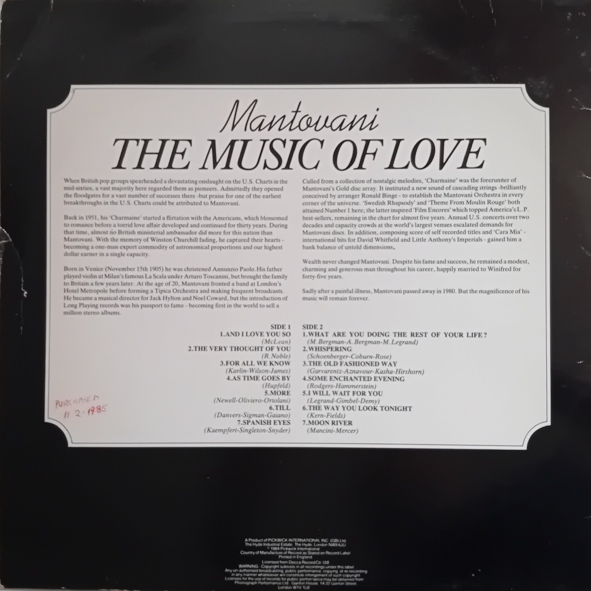 Back cover of a vinyl record with text and album details on a black background
