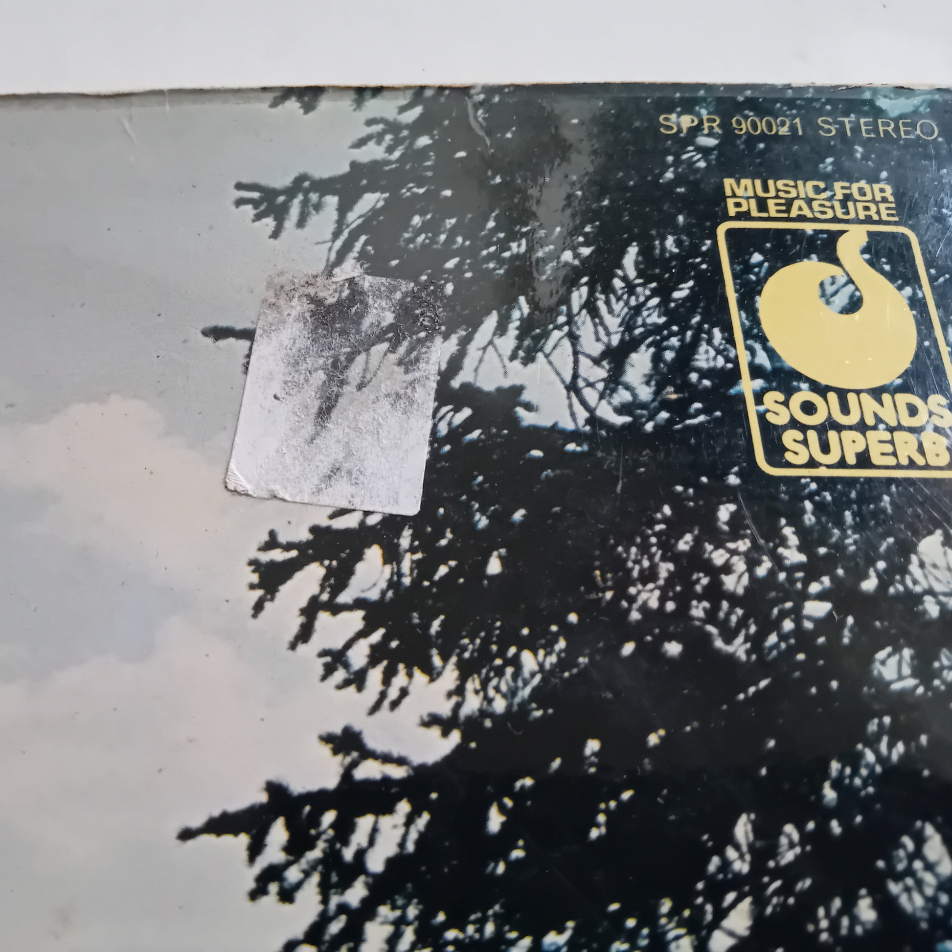 Vinyl record with a tree silhouette and 'Sounds Superb' label on a white background