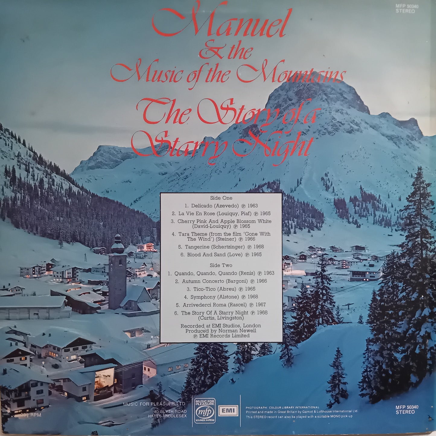 Album cover with snowy mountain landscape and village, featuring text about music and a starry night.