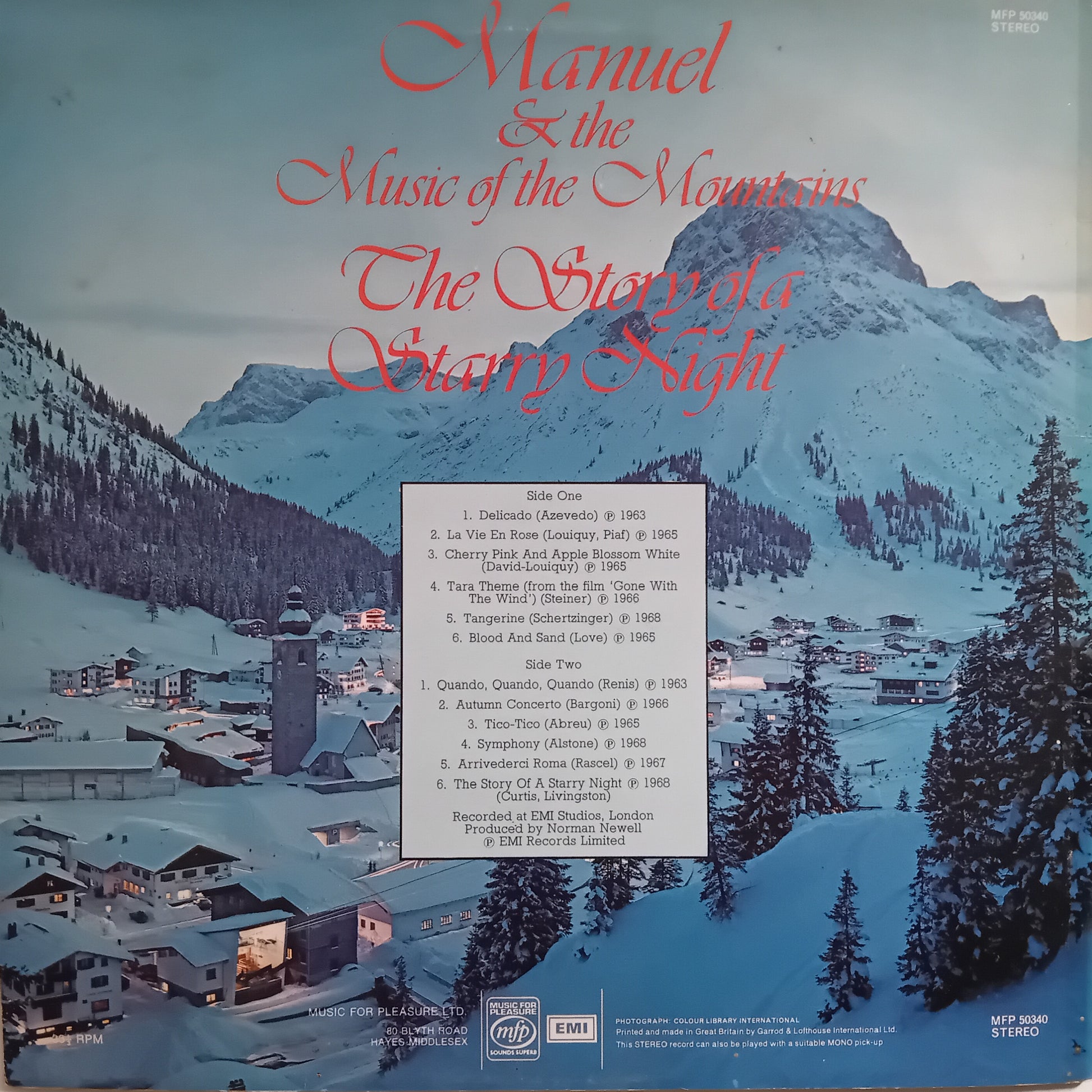 Album cover with snowy mountain landscape and village, featuring text about music and a starry night.