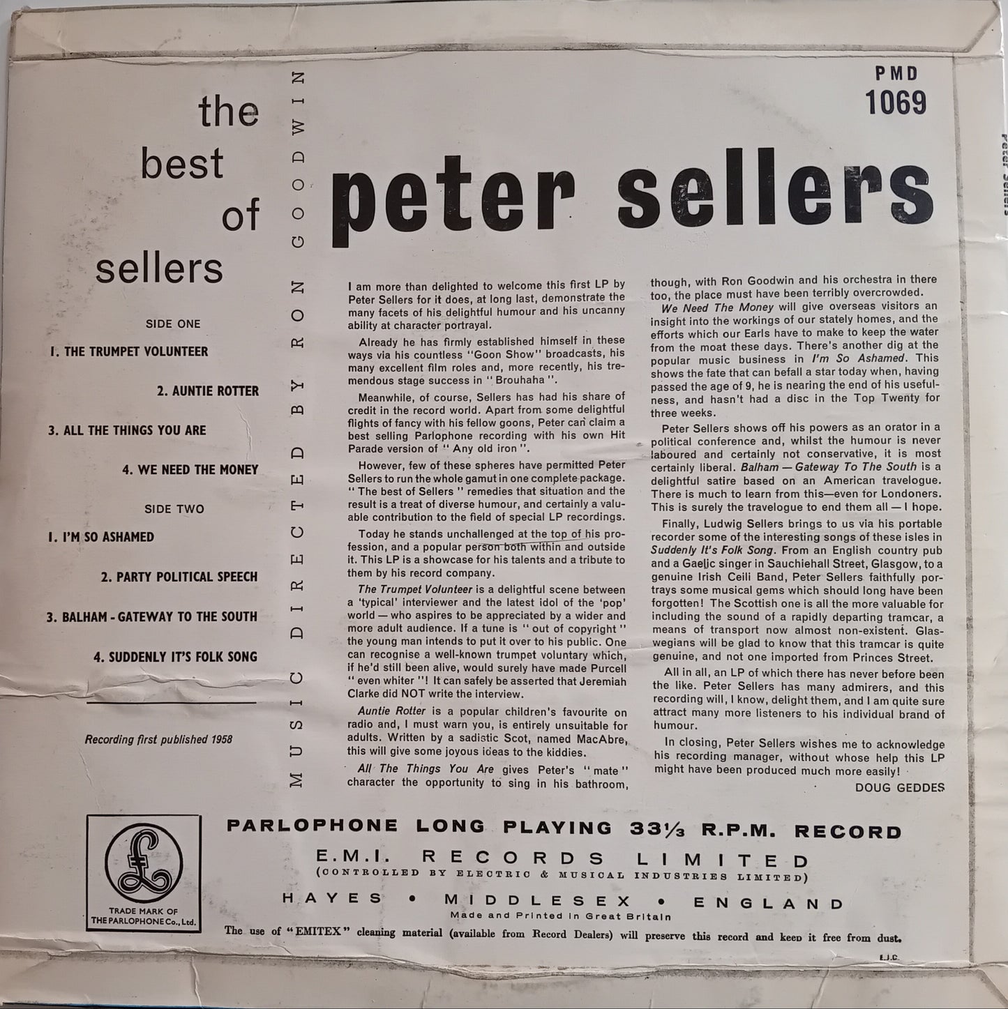 Back cover of a vinyl record featuring text about Peter Sellers, including track listings and EMI Records information.