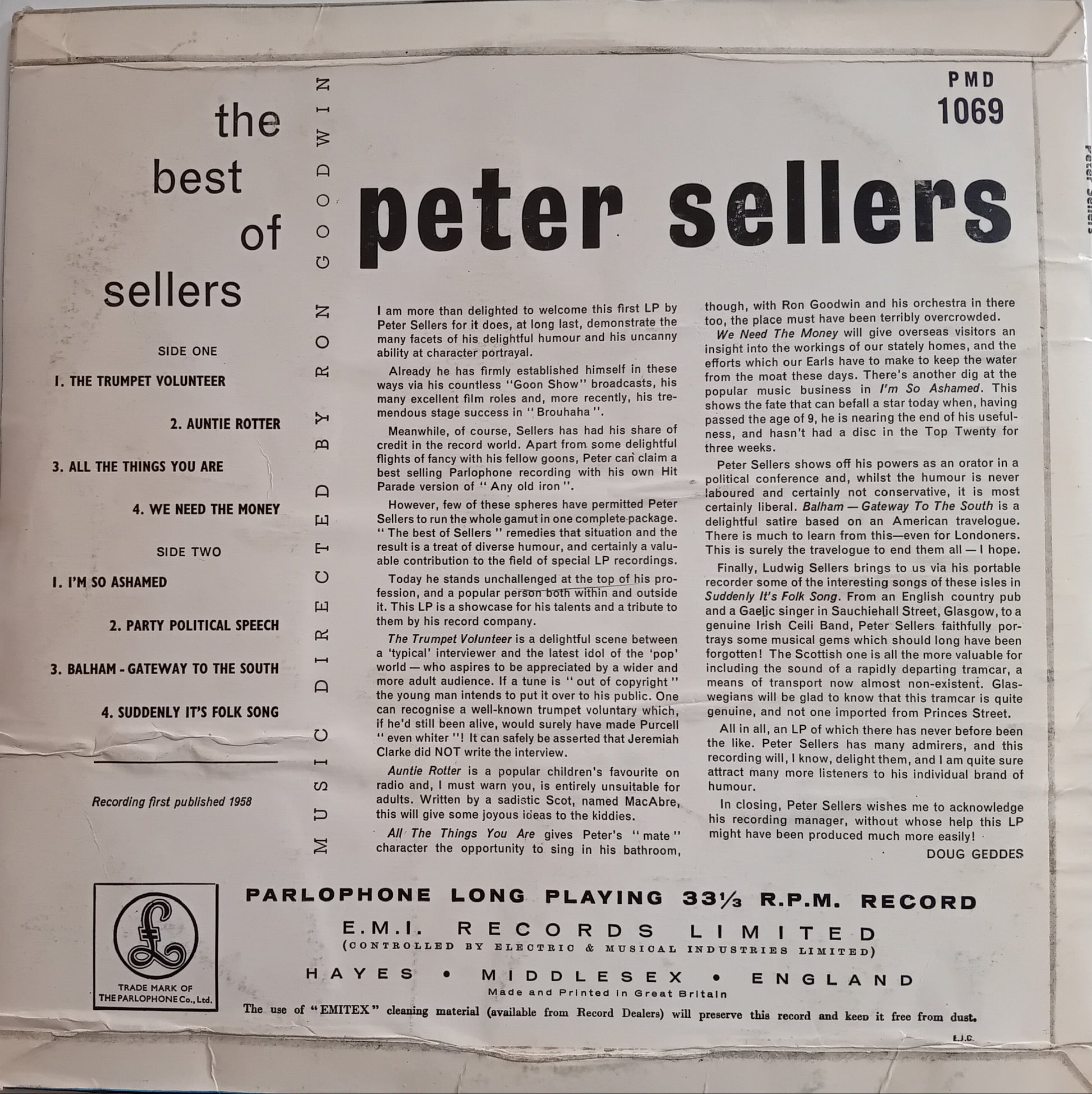 Back cover of a vinyl record featuring text about Peter Sellers, including track listings and EMI Records information.