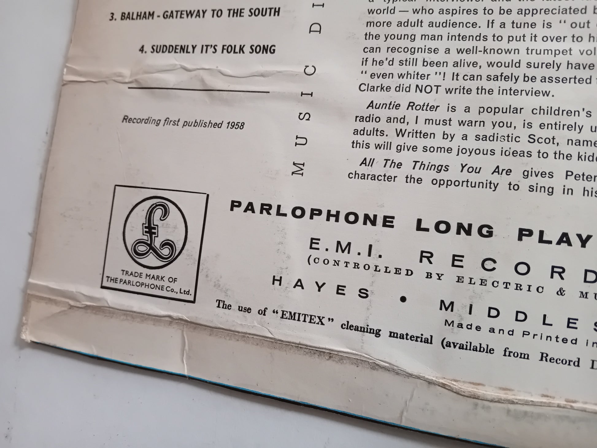 Vintage Parlophone long play record label with text and logo.