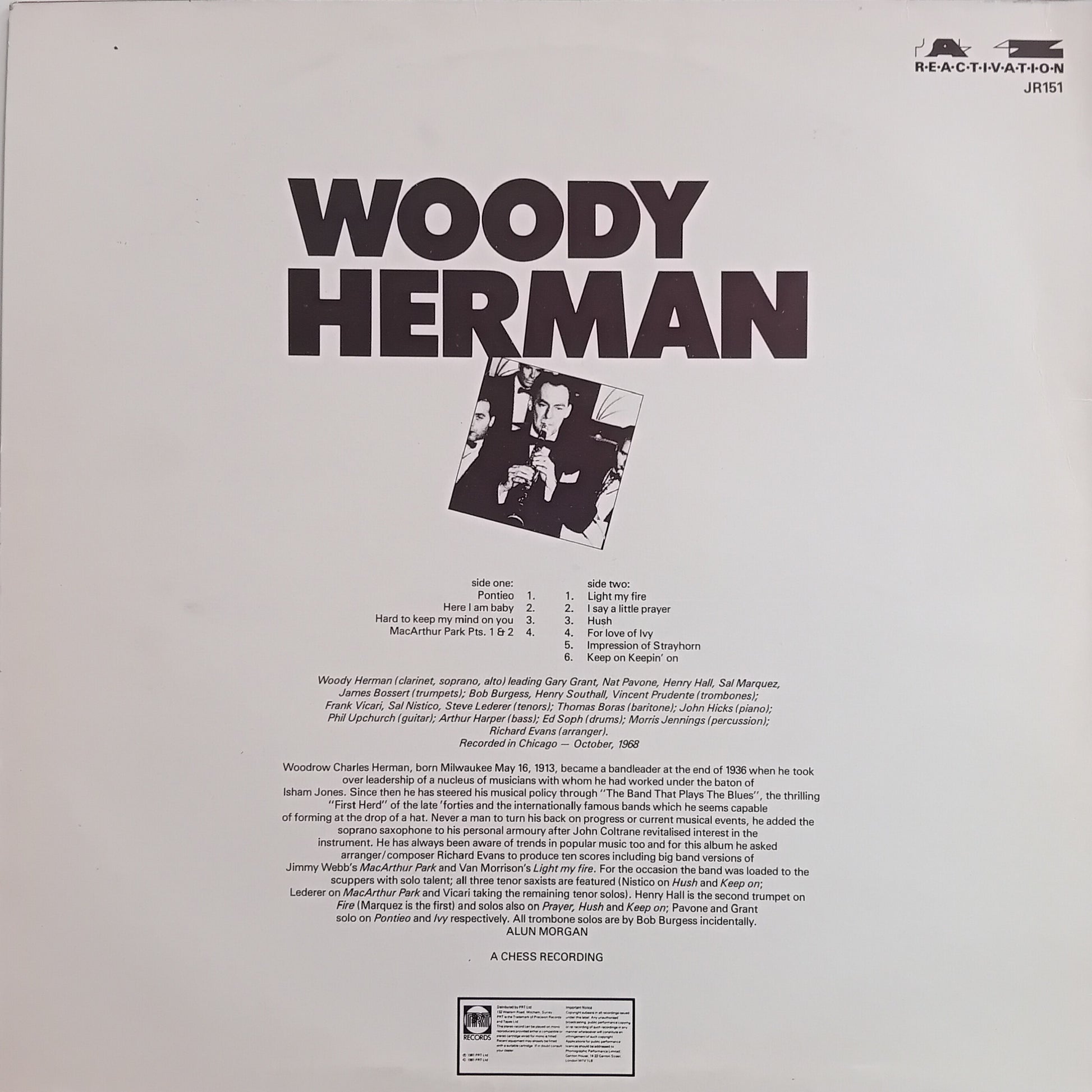 Back cover of a vinyl record featuring Woody Herman's name and album details.