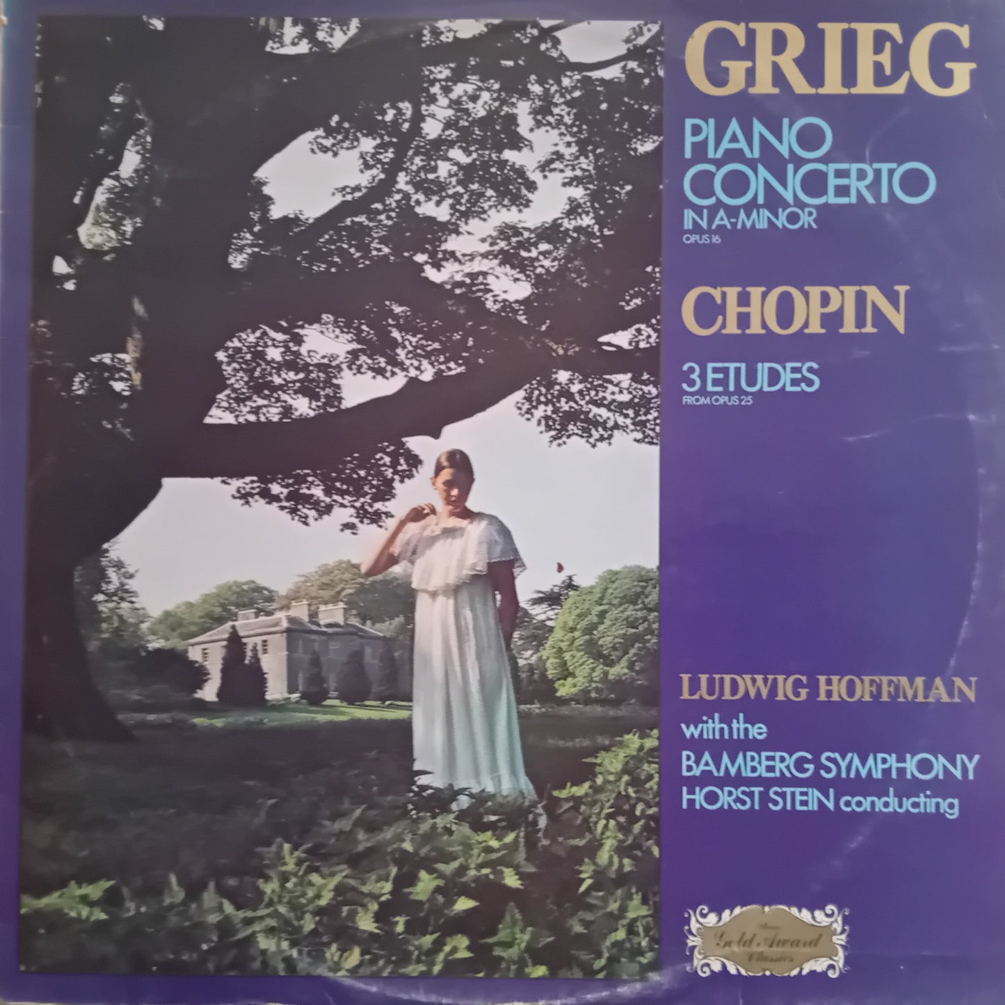 Album cover with a woman in a garden, featuring music by Grieg and Chopin.