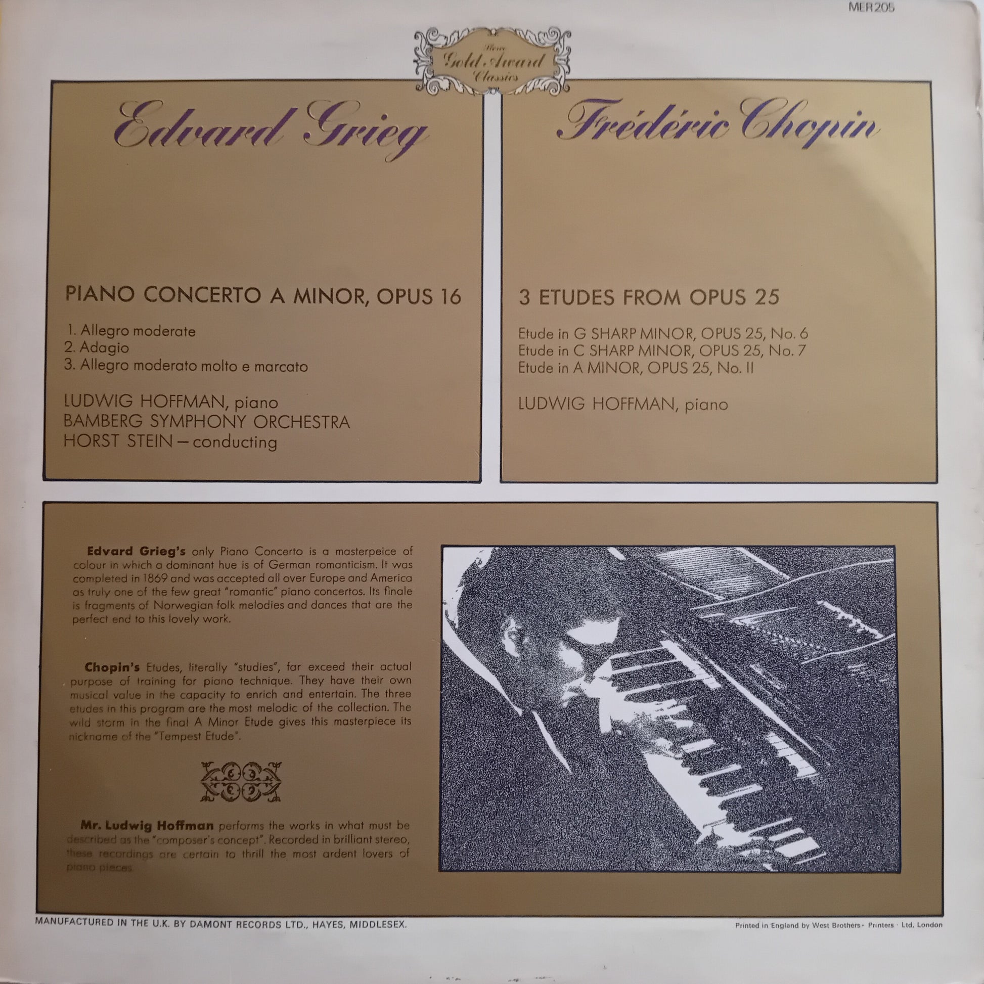 Album cover with text and a portrait of a pianist playing, featuring compositions by Edvard Grieg and Frédéric Chopin.
