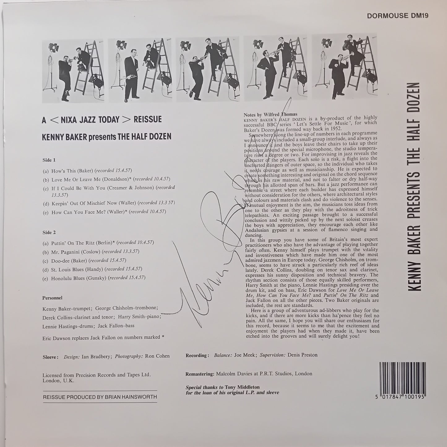 Back cover of a vinyl record with text and graphics, featuring the Half Dozen by Kenny Baker.