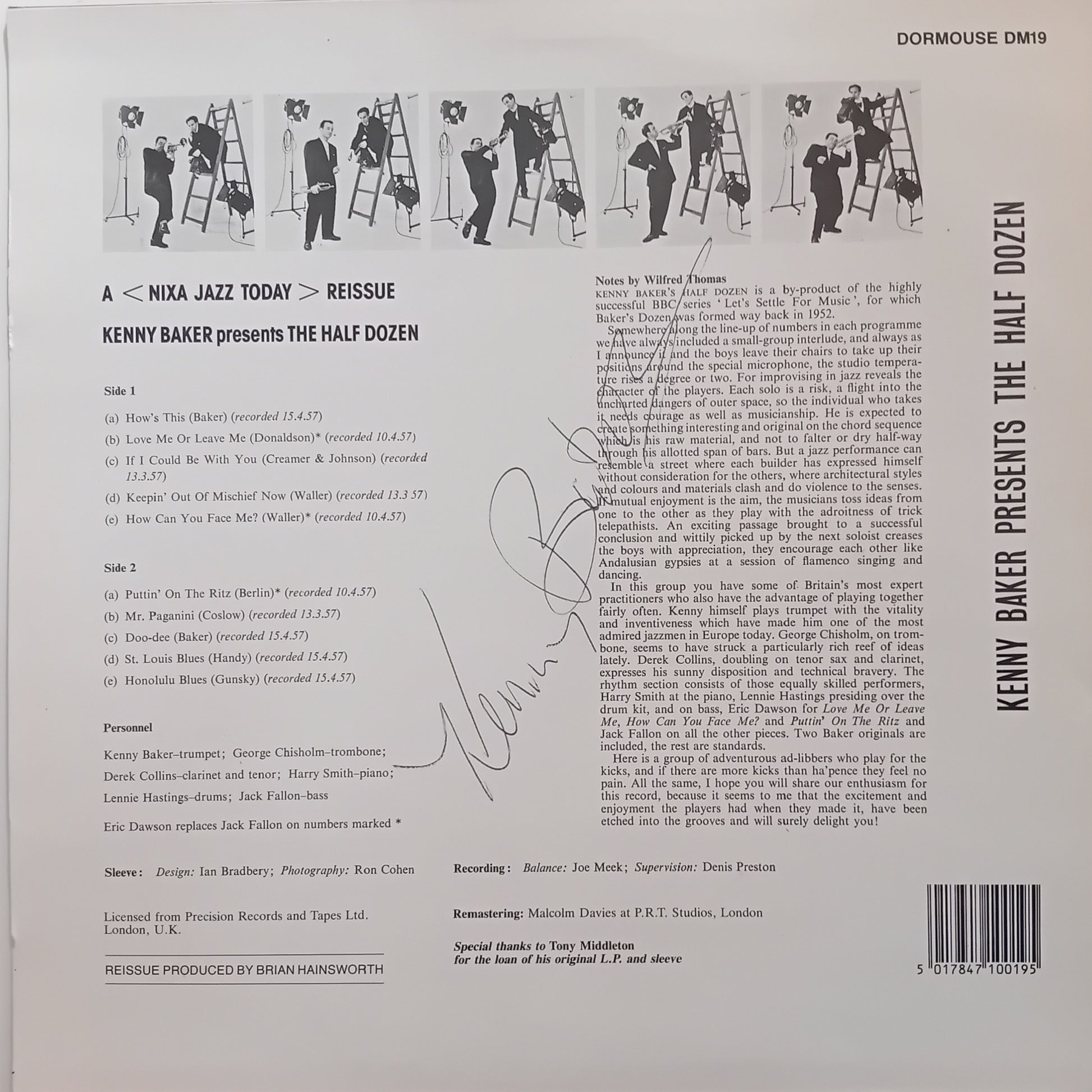 Back cover of a vinyl record with text and graphics, featuring the Half Dozen by Kenny Baker.