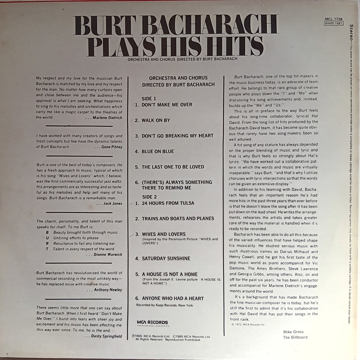 Back cover of a vinyl record featuring Burt Bacharach's music with tracklist and credits.