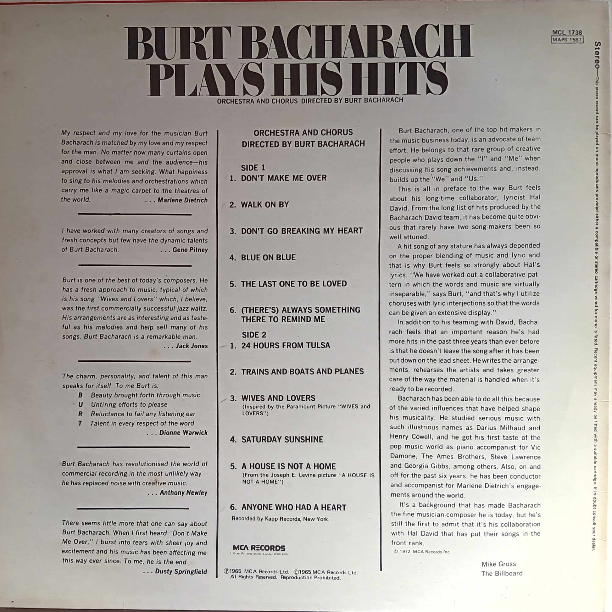 Back cover of a vinyl record featuring Burt Bacharach's music with tracklist and credits.